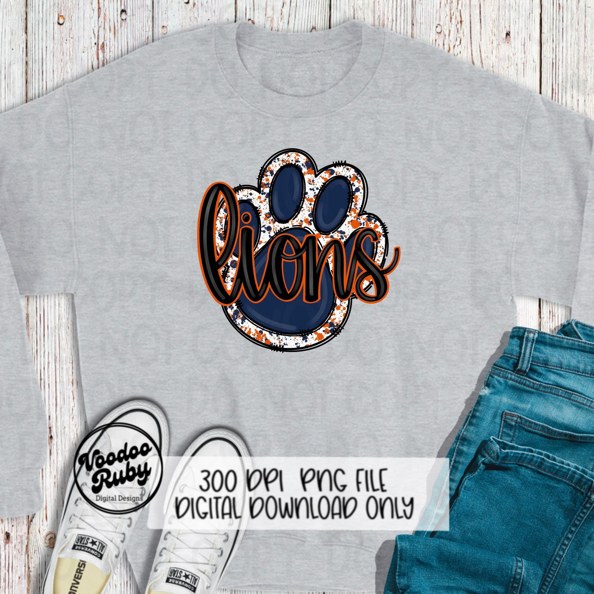 Lions PNG Design Hand Drawn Digital Download Lions Football PNG Blue Orange Lions Paw Print Sublimation Design Lions DTF Printable