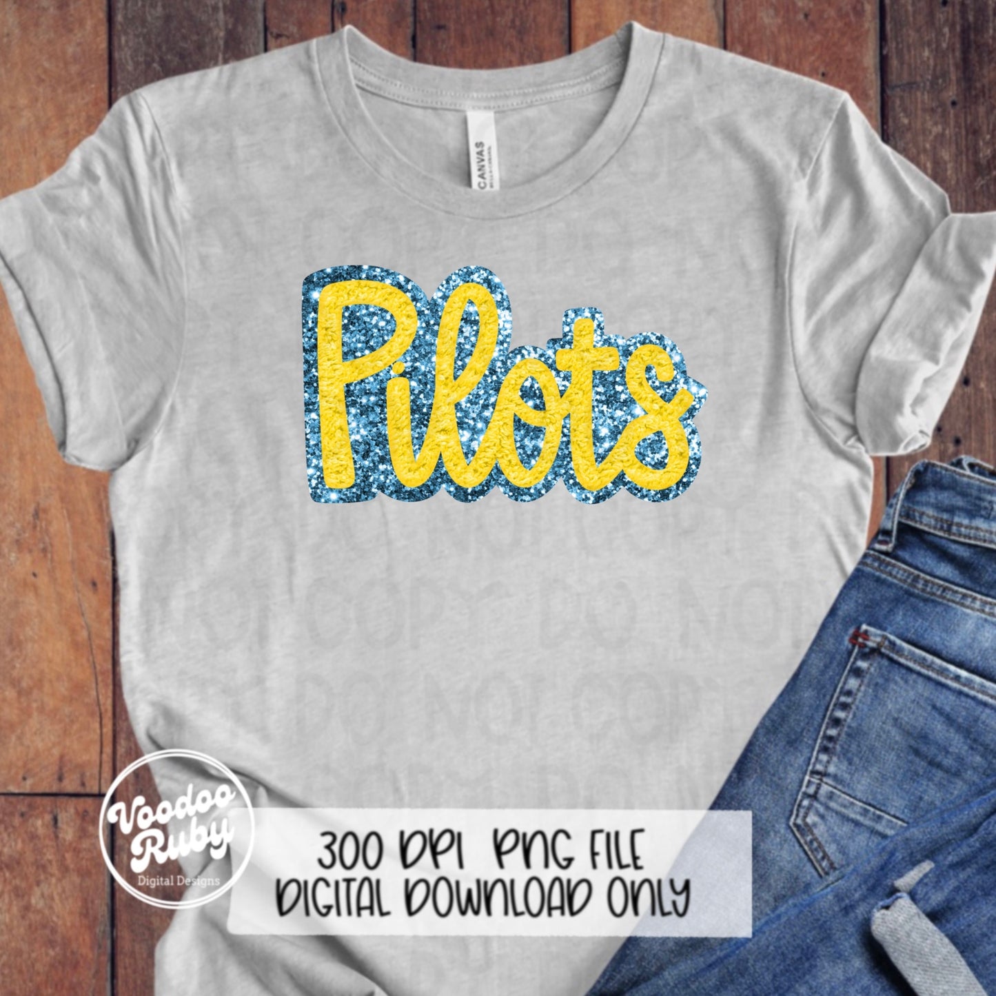 Pilots Mascot PNG: Blue & Yellow Glitter Design (Digital Download)
