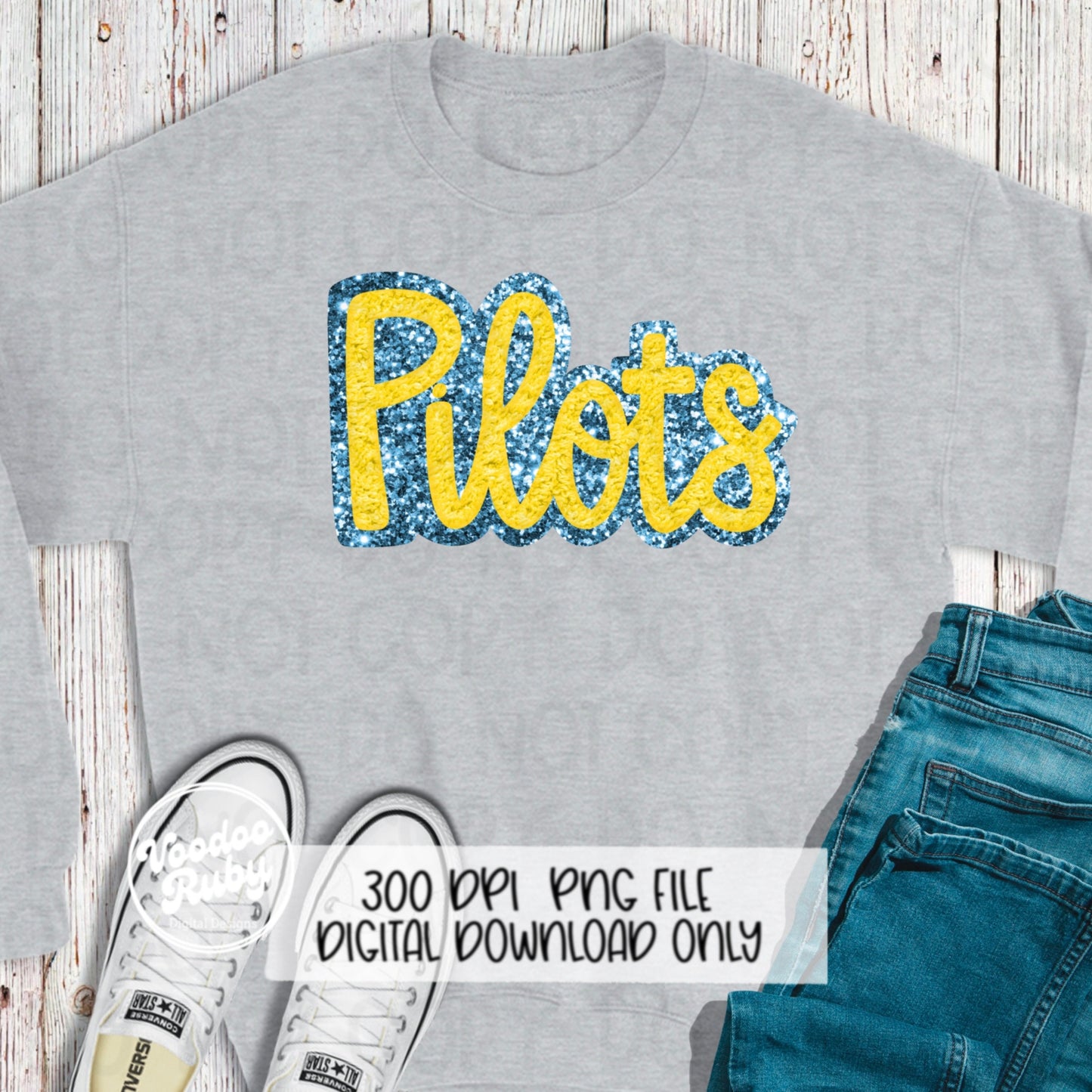 Pilots Mascot PNG: Blue & Yellow Glitter Design (Digital Download)