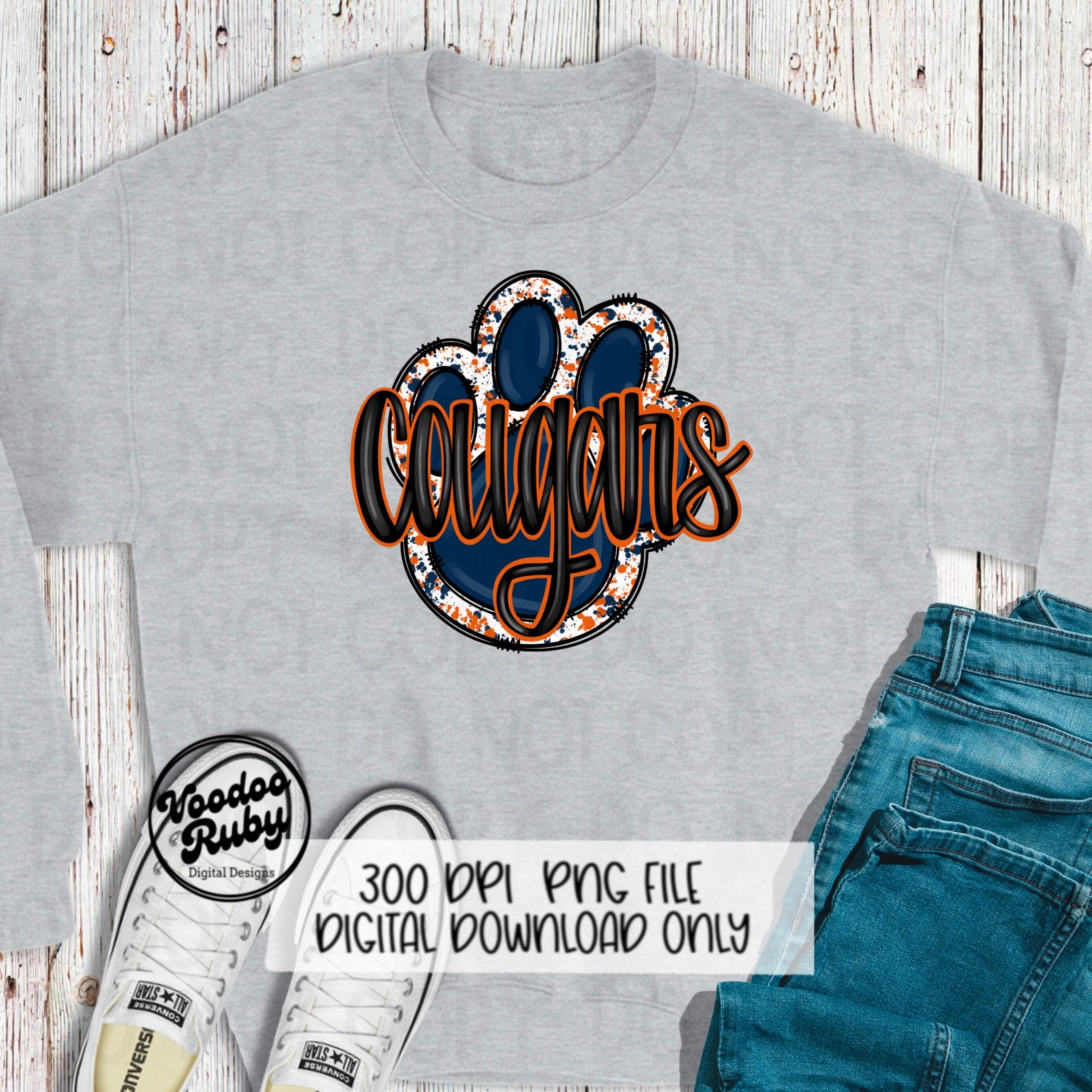 Cougars PNG Design Mascot Hand Drawn Digital Download Blue Orange Cougars PNG Paw Print Mascot Football DTF Printable Doodle Clip Art