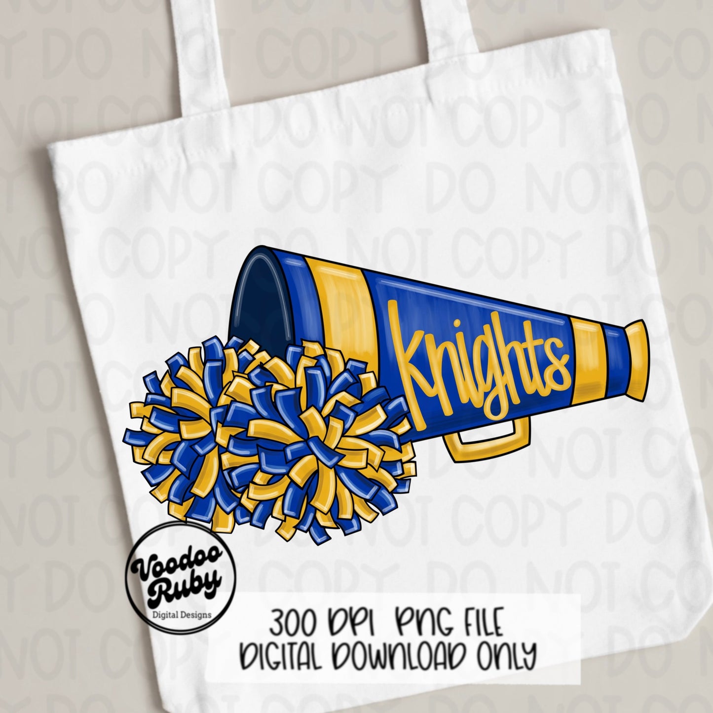 Knights Cheer PNG Design Hand Drawn Digital Download Football PNG Blue Gold Knights png Cheerleader Clip Art Megaphone Sublimation DTF