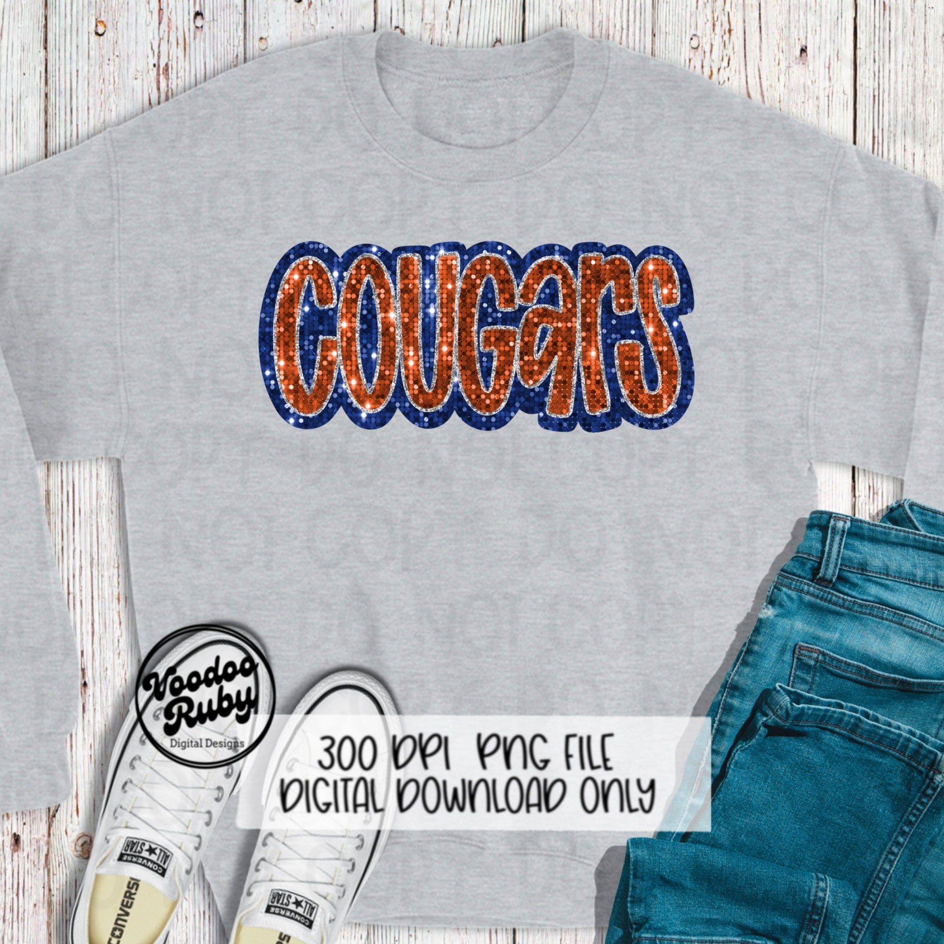 Cougars PNG Design Sequins Glitter Hand Drawn Digital Download Faux Sequins Patch PNG Printable Faux Appliqué Cougars Football DTF