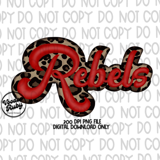 Rebels PNG Design Leopard Hand Drawn Digital Download Faux Patch PNG Printable Faux Appliqué Red Rebels Football DTF