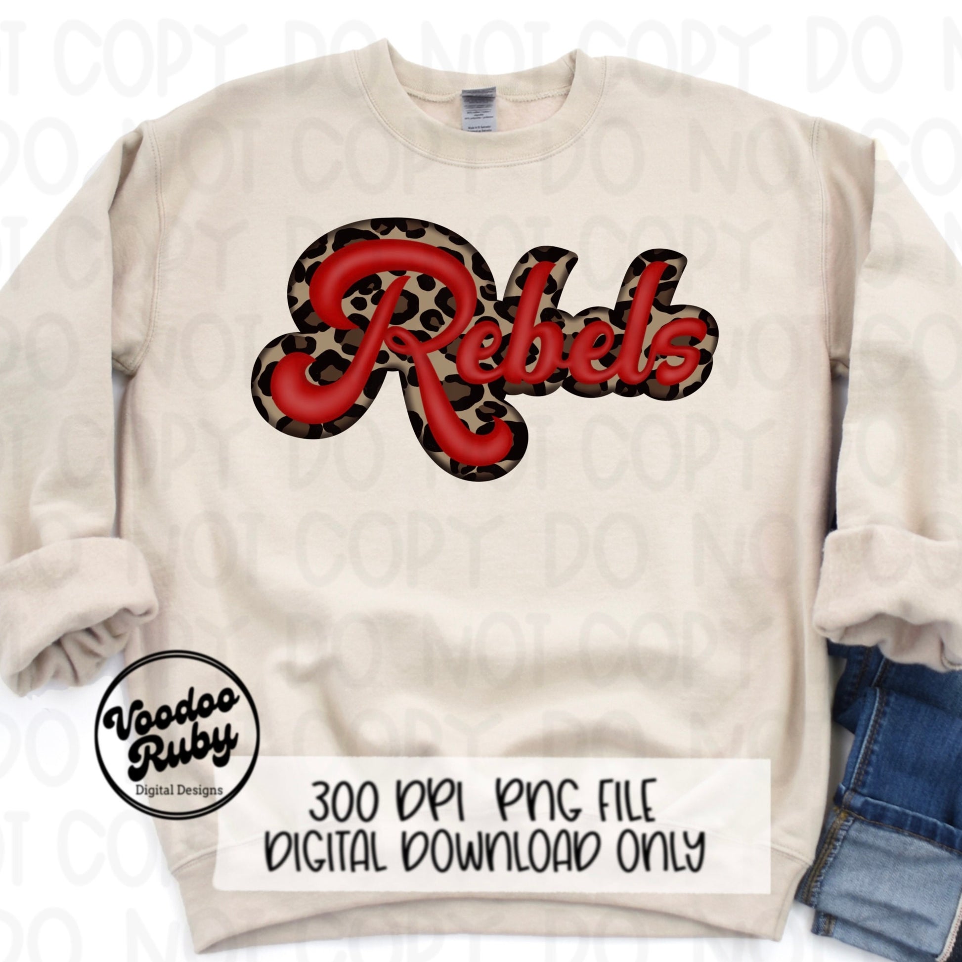 Rebels PNG Design Sublimation Leopard Hand Drawn Digital Download Faux Patch PNG Printable Faux Appliqué Red Rebels Football Mascot DTF