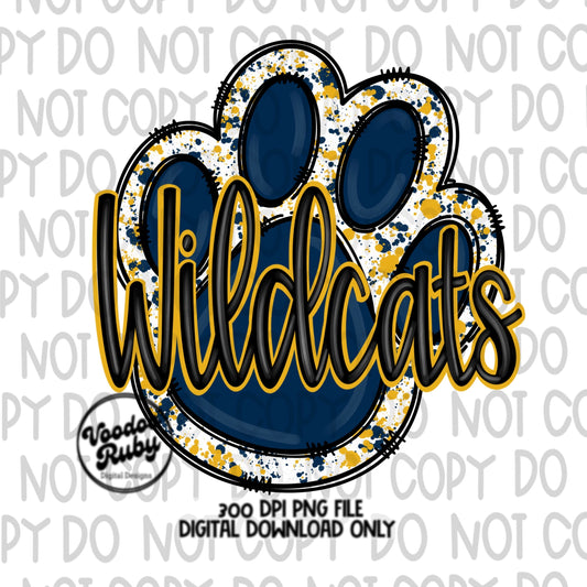 Wildcats PNG Design Sublimation Hand Drawn Digital Download Football PNG Blue Gold Wildcats Paw Print DTF Printable Clip Art