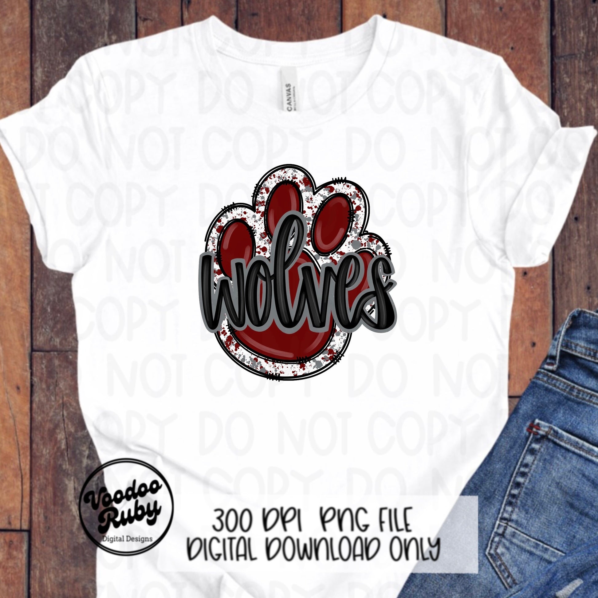 Wolves PNG Design Hand Drawn Digital Download Football PNG Paw Print Sublimation Design Maroon Gray Wolves Football DTF Printable