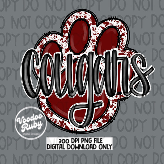 Cougars PNG Design Maroon Hand Drawn Digital Download Football PNG Paw Print Sublimation Design Cougars Football DTF Printable