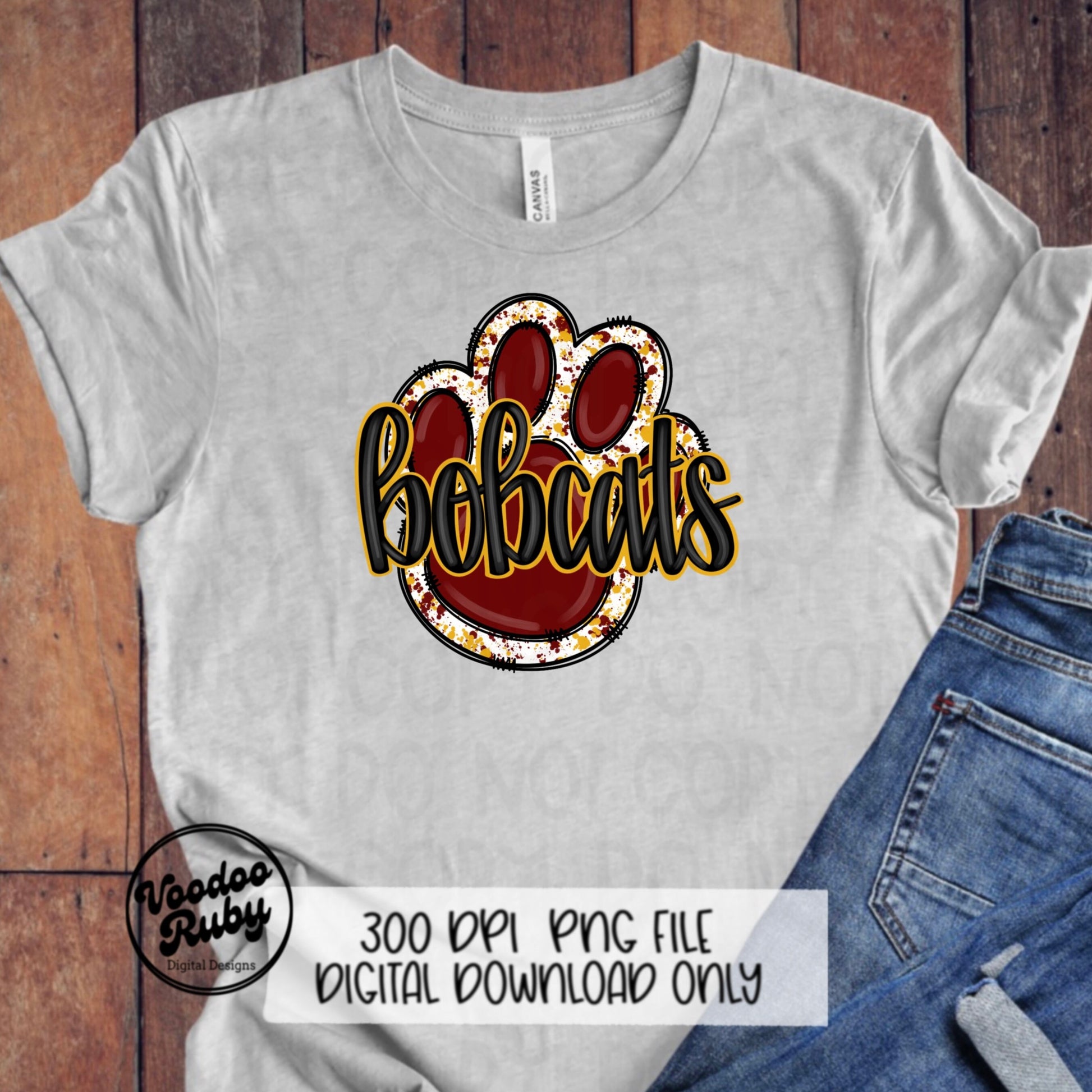 Bobcats PNG Design Maroon Yellow Gold Hand Drawn Digital Download Football PNG Paw Print Sublimation Design Bobcats Football DTF Printable