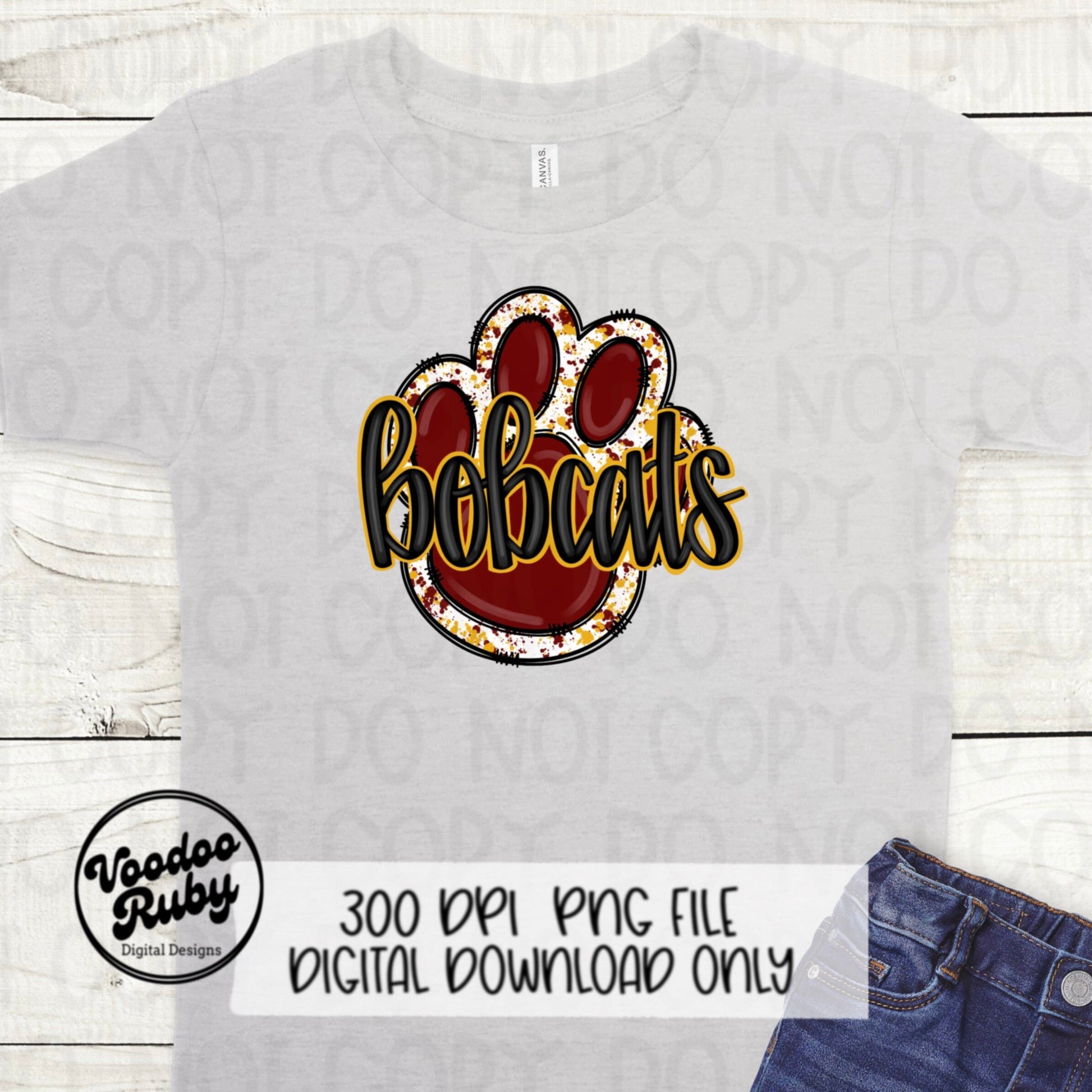 Bobcats PNG Design Maroon Yellow Gold Hand Drawn Digital Download Football PNG Paw Print Sublimation Design Bobcats Football DTF Printable