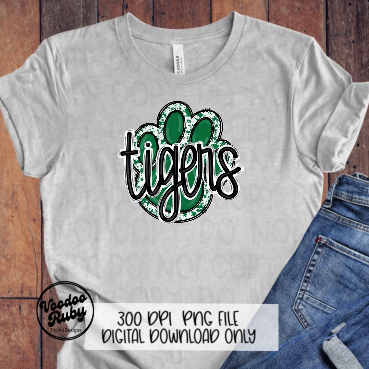 Tigers PNG Design Green Hand Drawn Digital Download Football PNG Paw Print Sublimation Design Tigers Football DTF Printable