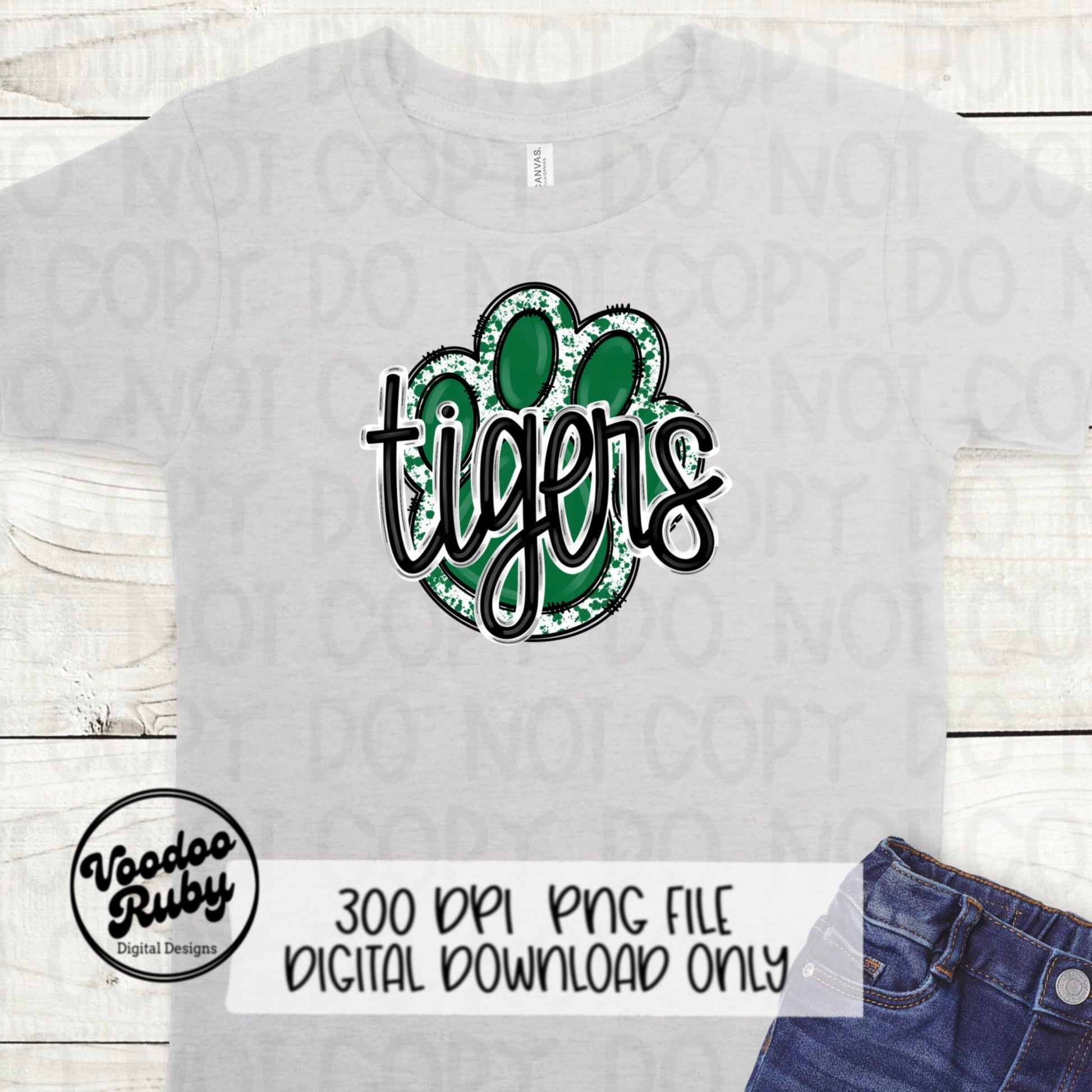 Tigers PNG Design Green Hand Drawn Digital Download Football PNG Paw Print Sublimation Design Tigers Football DTF Printable