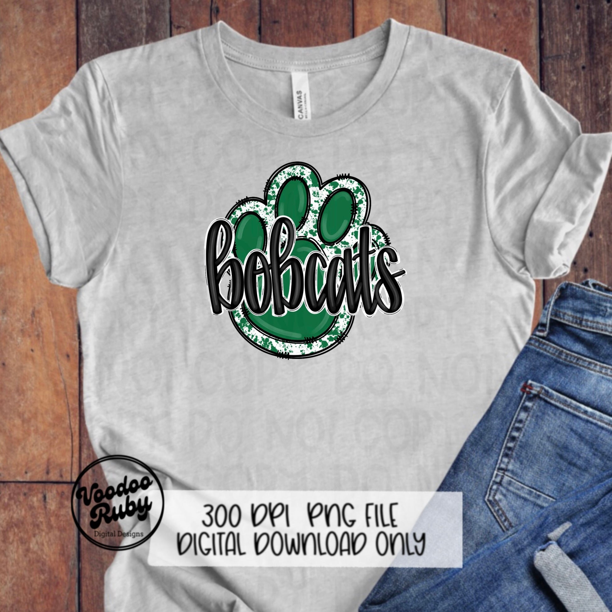 Bobcats PNG Design Green Hand Drawn Digital Download Football PNG Paw Print Sublimation Design Bobcats Football DTF Printable