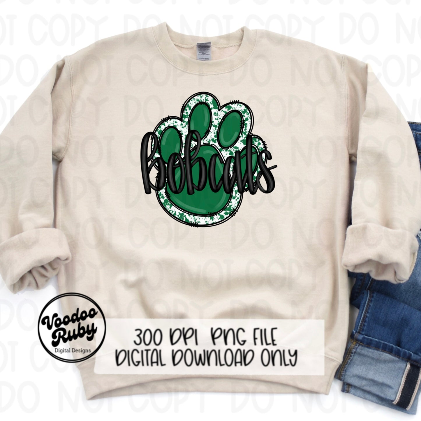 Bobcats PNG Design Green Hand Drawn Digital Download Football PNG Paw Print Sublimation Design Bobcats Football DTF Printable