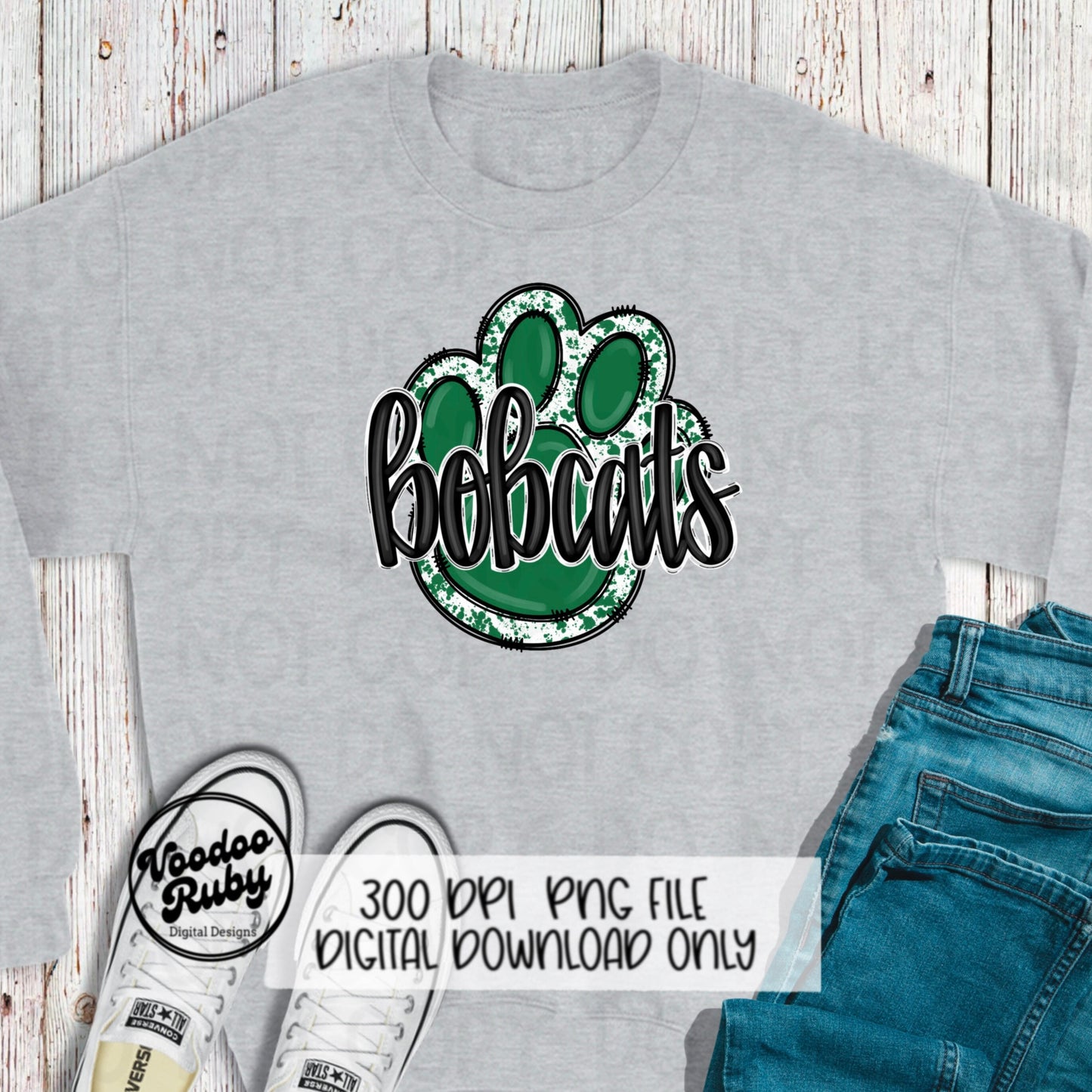 Bobcats PNG Design Green Hand Drawn Digital Download Football PNG Paw Print Sublimation Design Bobcats Football DTF Printable