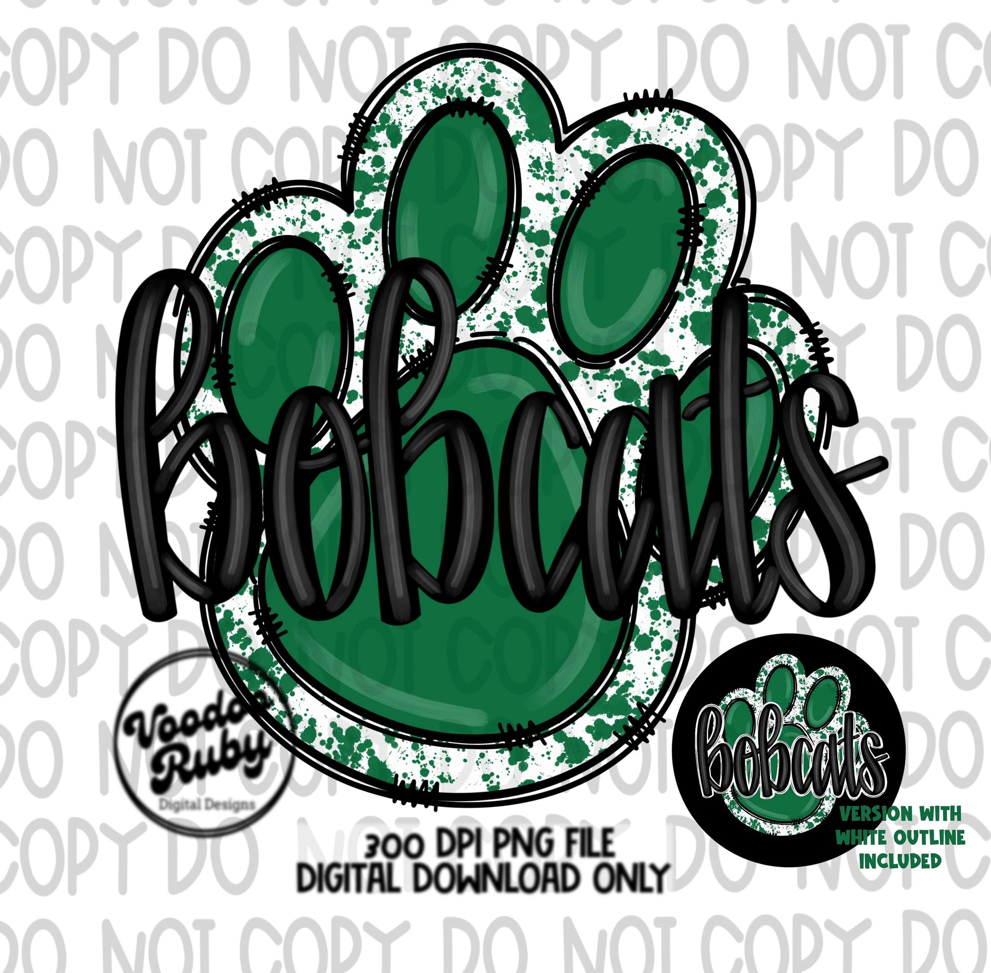 Bobcats PNG Design Green Hand Drawn Digital Download Football PNG Paw Print Sublimation Design Bobcats Football DTF Printable