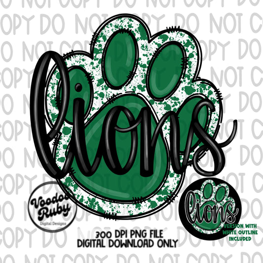 Lions PNG Design Green Hand Drawn Digital Download Football PNG Paw Print Sublimation Design Lions Football DTF Printable