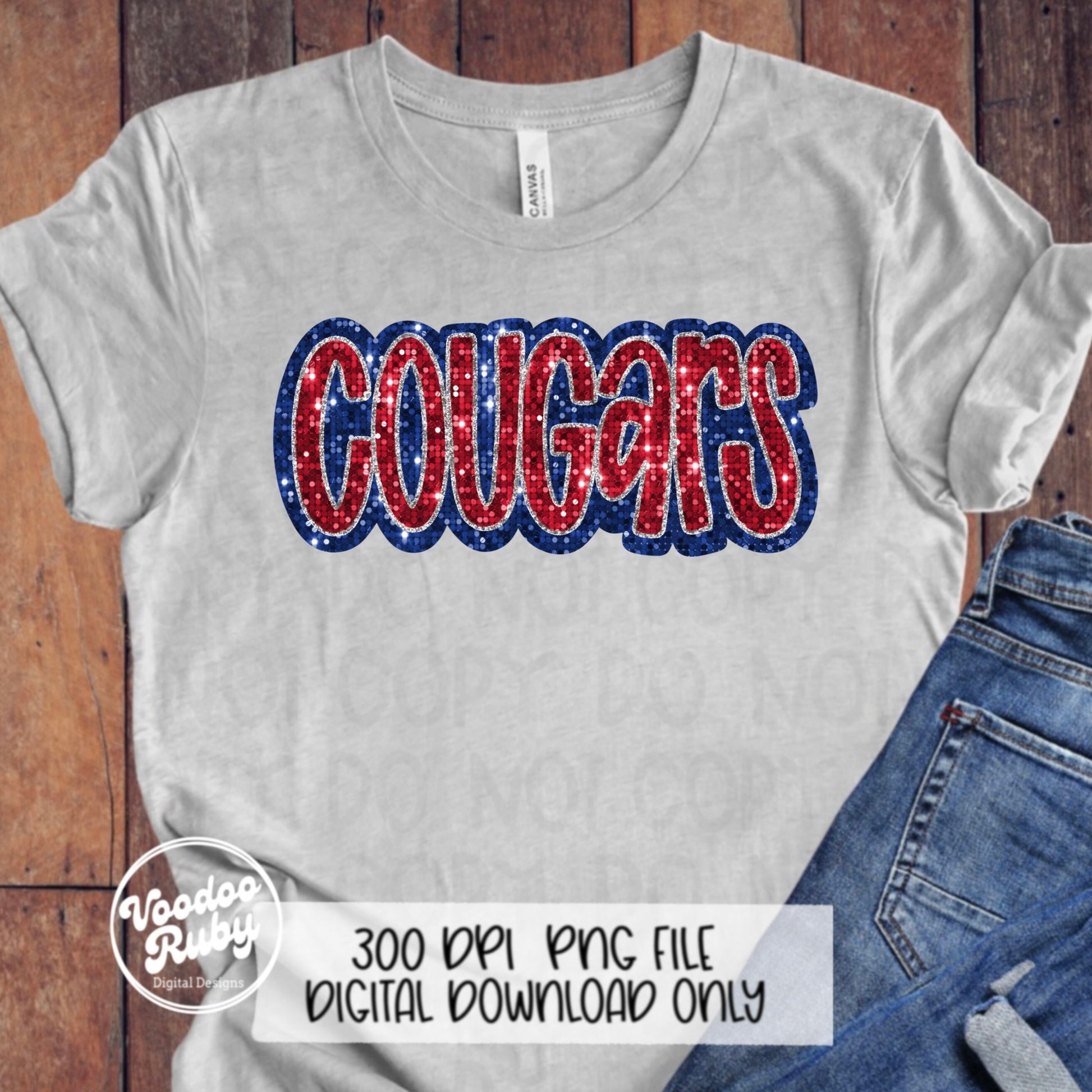 Cougars PNG Design Sequins Glitter Hand Drawn Digital Download Faux Sequins Patch PNG Printable Faux Appliqué Cougars Football DTF