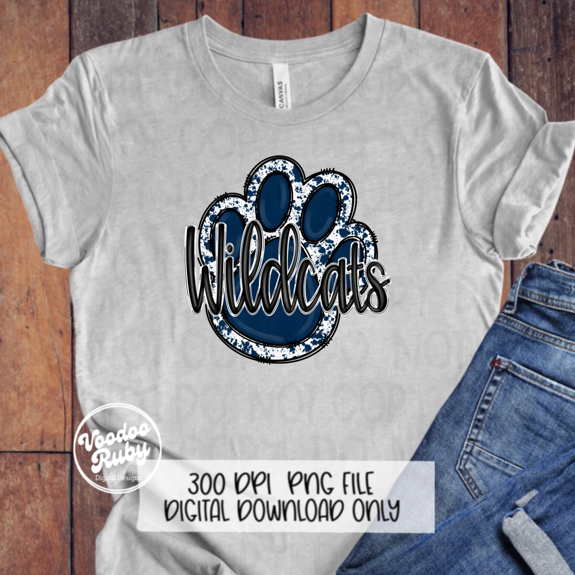Wildcats PNG Design Hand Drawn Digital Download Sublimation Football Navy Blue Wildcats Paw Print DTF Printable Clip Art