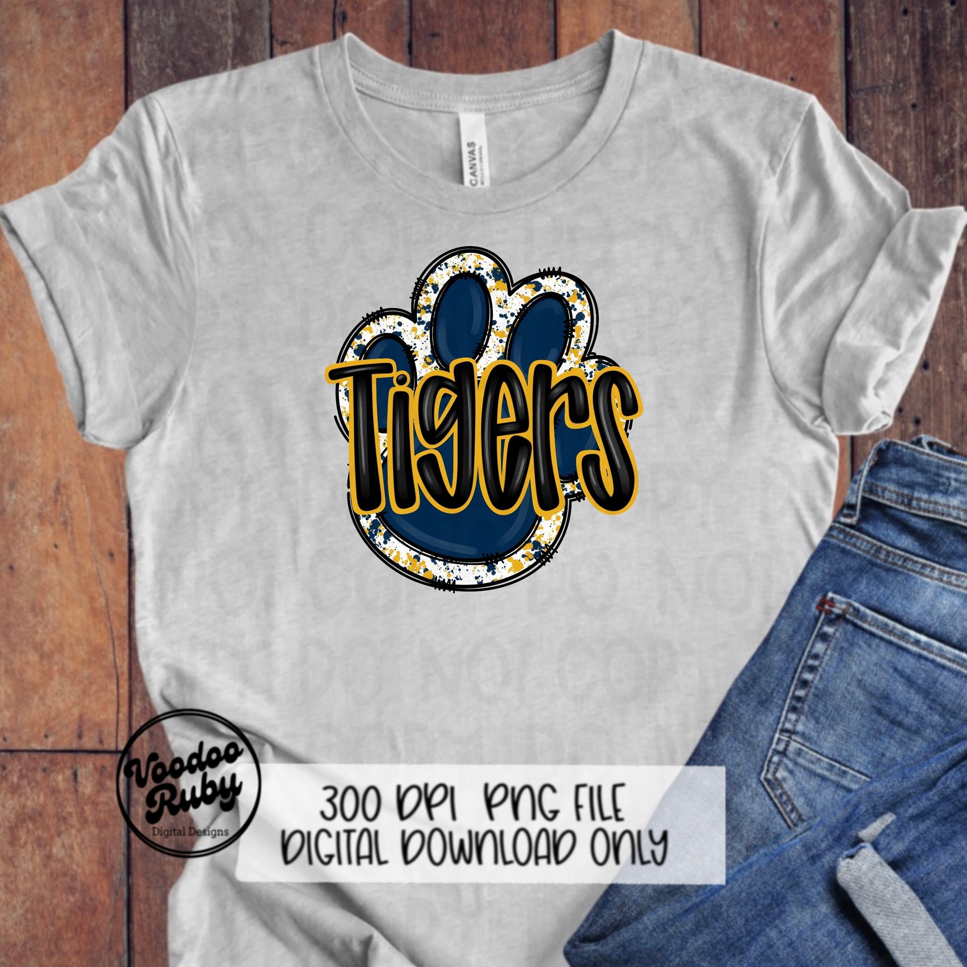 Tigers PNG Design Navy Blue Gold Yellow Hand Drawn Digital Download Football PNG Paw Print Sublimation Design Tigers Football DTF Printable