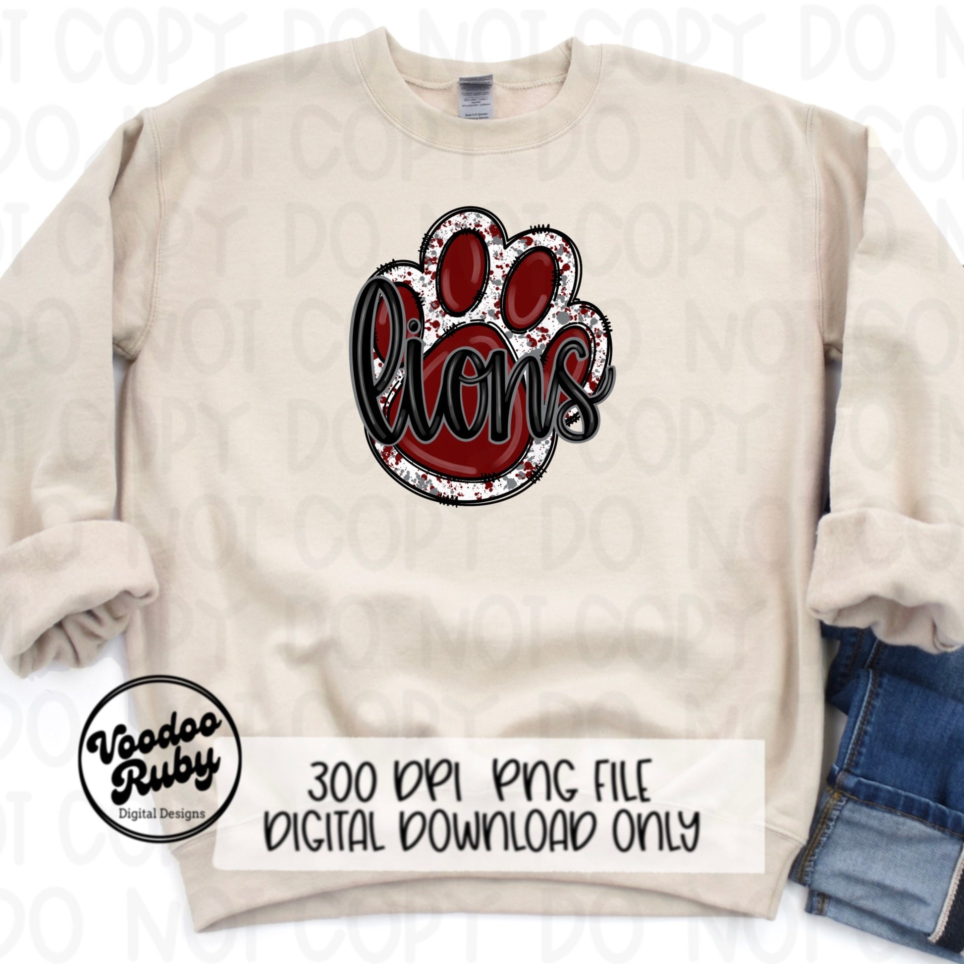 Lions PNG Design Hand Drawn Digital Download Lions Football PNG Maroon Gray Paw Print Sublimation Design Lions DTF Printable