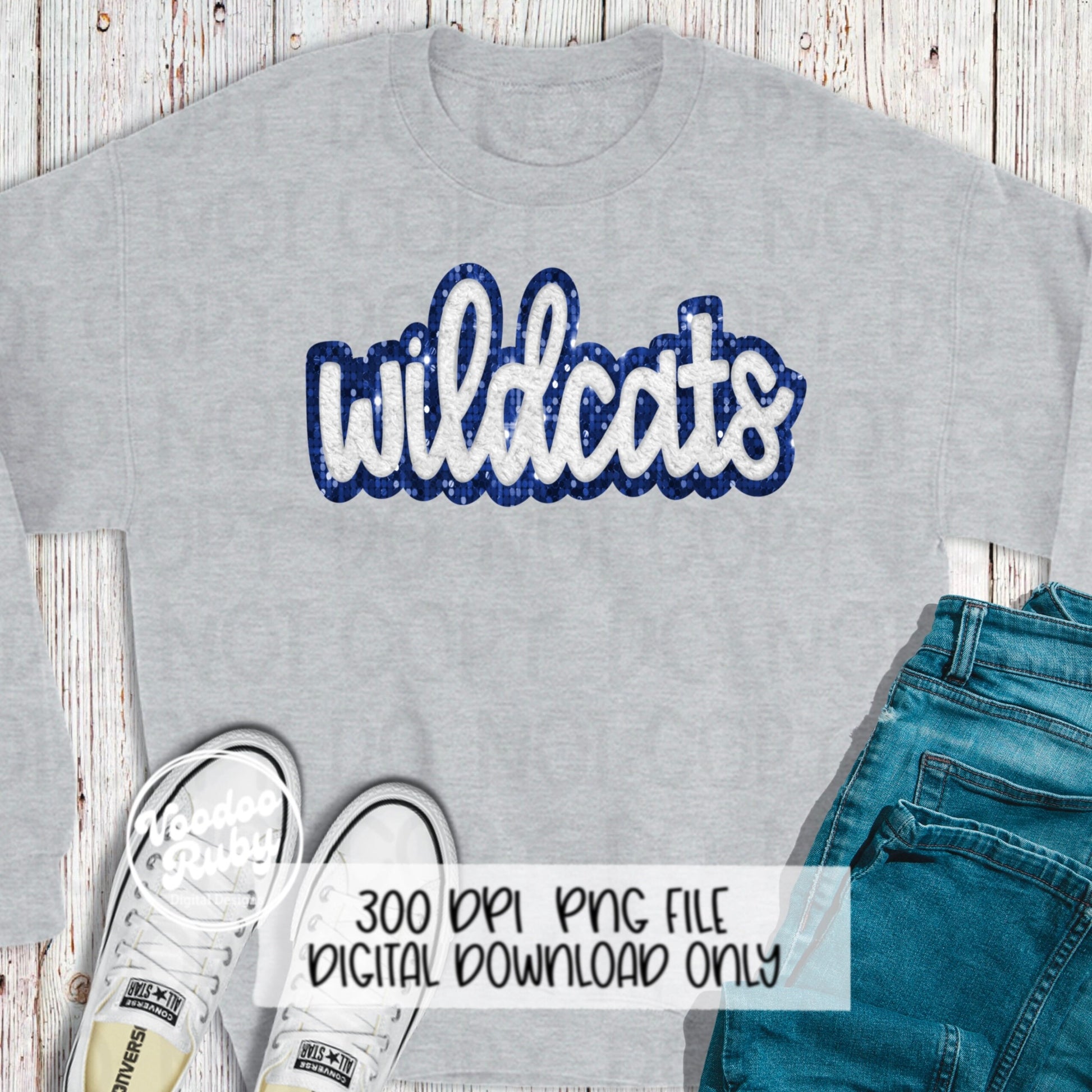 Wildcats PNG Design Hand Drawn Digital Download Sublimation Faux Chenille PNG Blue White Football png Wildcats DTF Printable