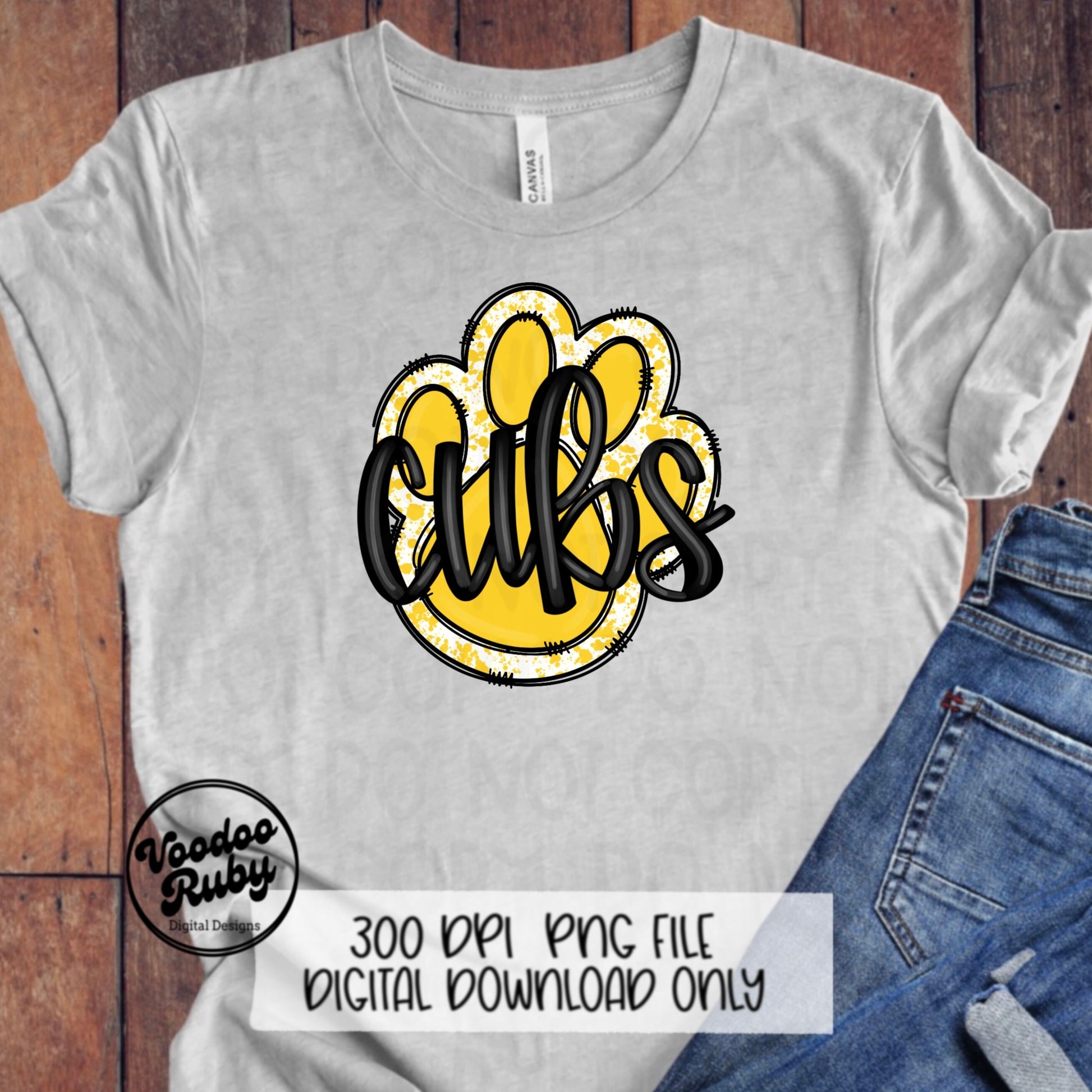 Cubs PNG Design Hand Drawn Digital Download Football PNG Yellow Cubs Paw Print Sublimation DTF Printable Cubs Mascot png Clip Art