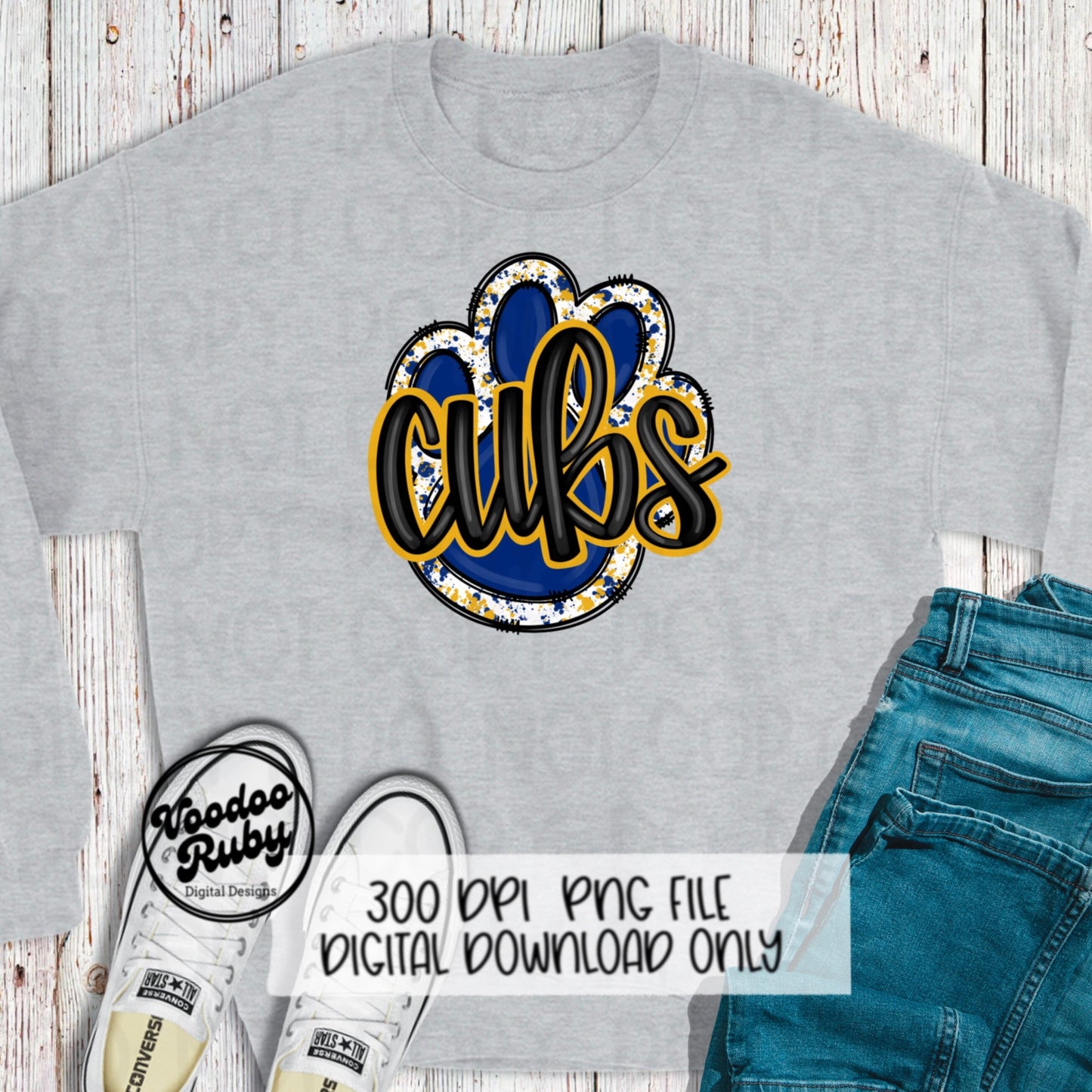 Cubs PNG Design Hand Drawn Digital Download Football PNG Blue Gold Cubs Paw Print Sublimation DTF Printable Cubs Mascot png Clip Art