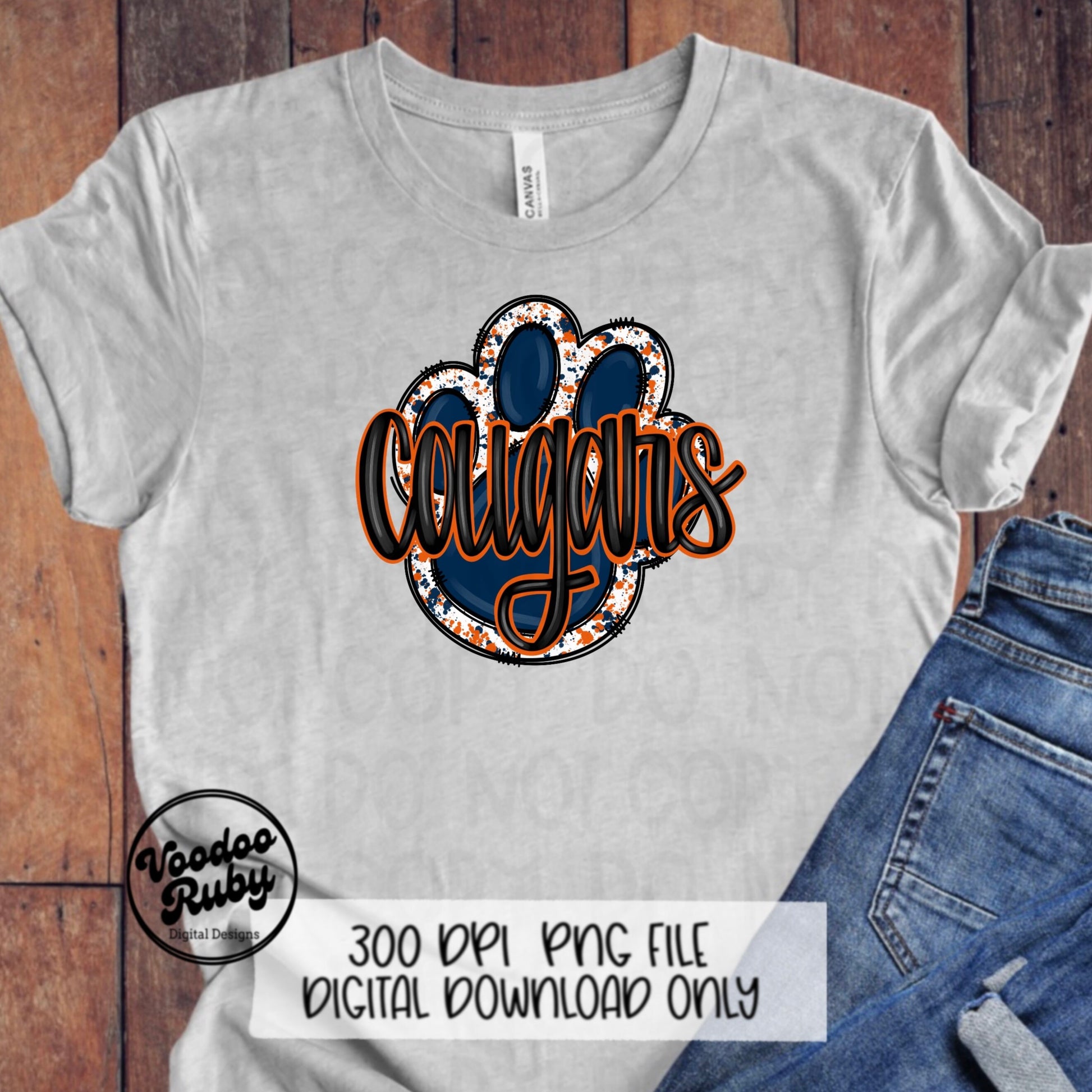 Cougars PNG Design Mascot Hand Drawn Digital Download Blue Orange Cougars PNG Paw Print Mascot Football DTF Printable Doodle Clip Art