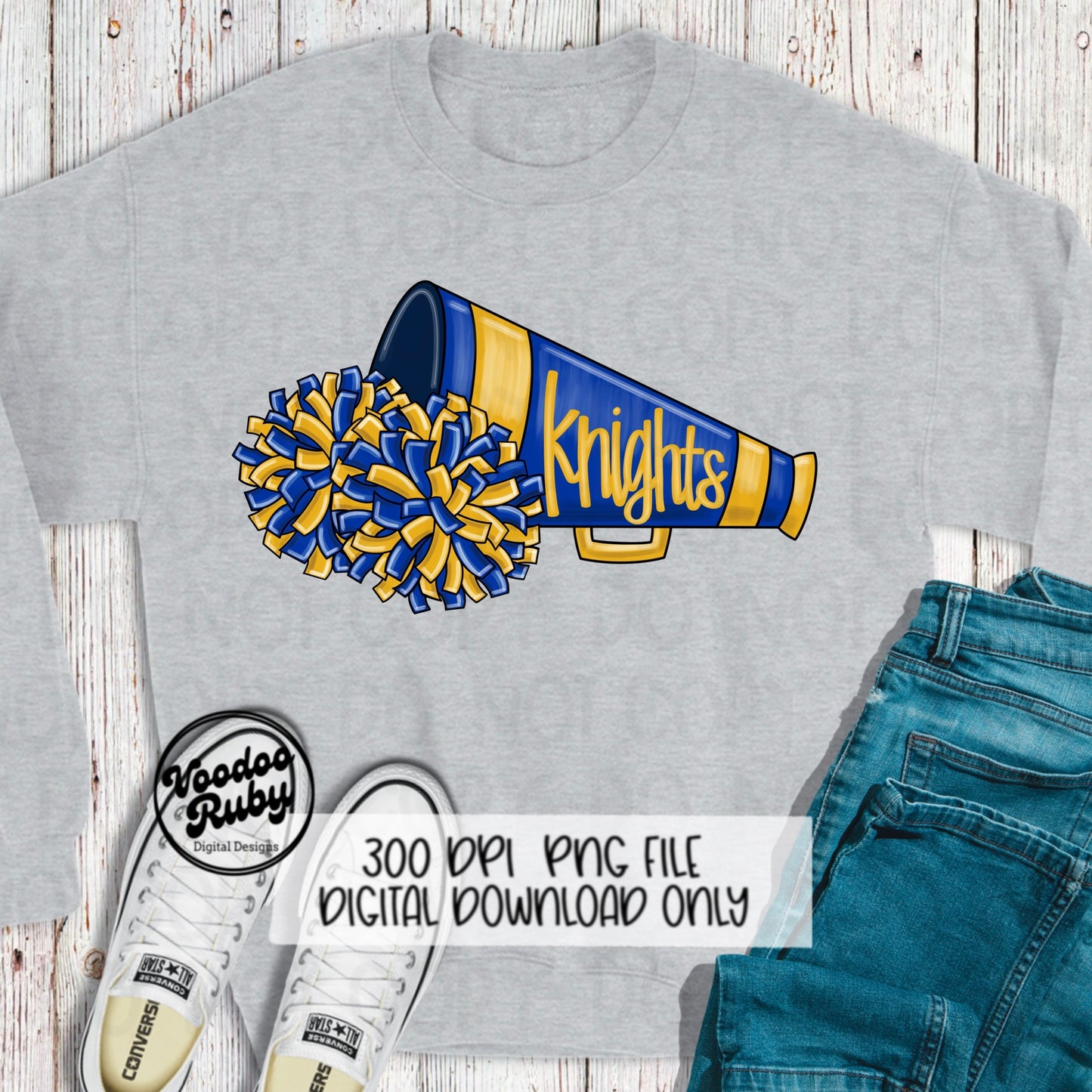Knights Cheer PNG Design Hand Drawn Digital Download Football PNG Blue Gold Knights png Cheerleader Clip Art Megaphone Sublimation DTF