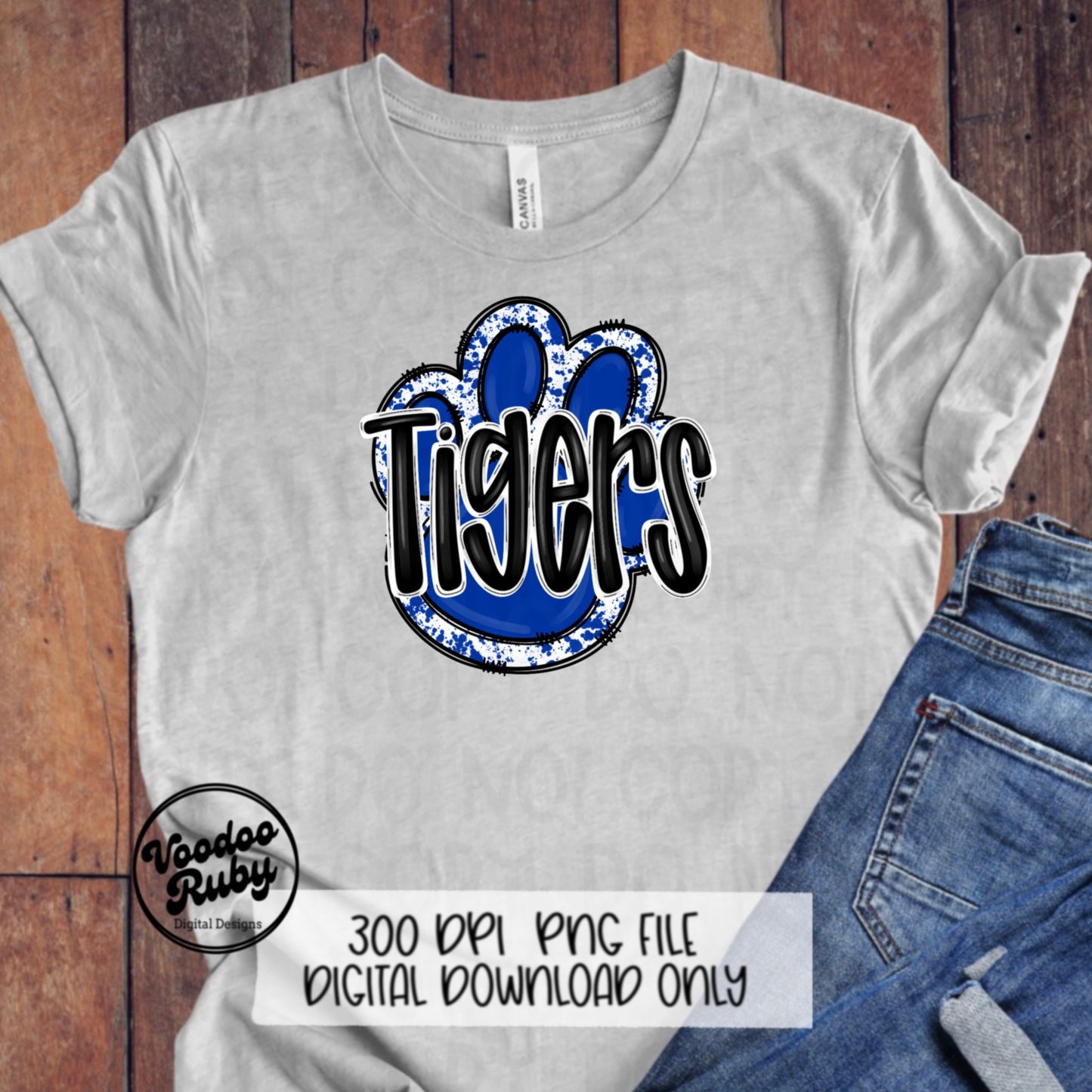 Tigers PNG Design Blue White Hand Drawn Digital Download Football PNG Paw Print Sublimation Design Tigers Football DTF Printable