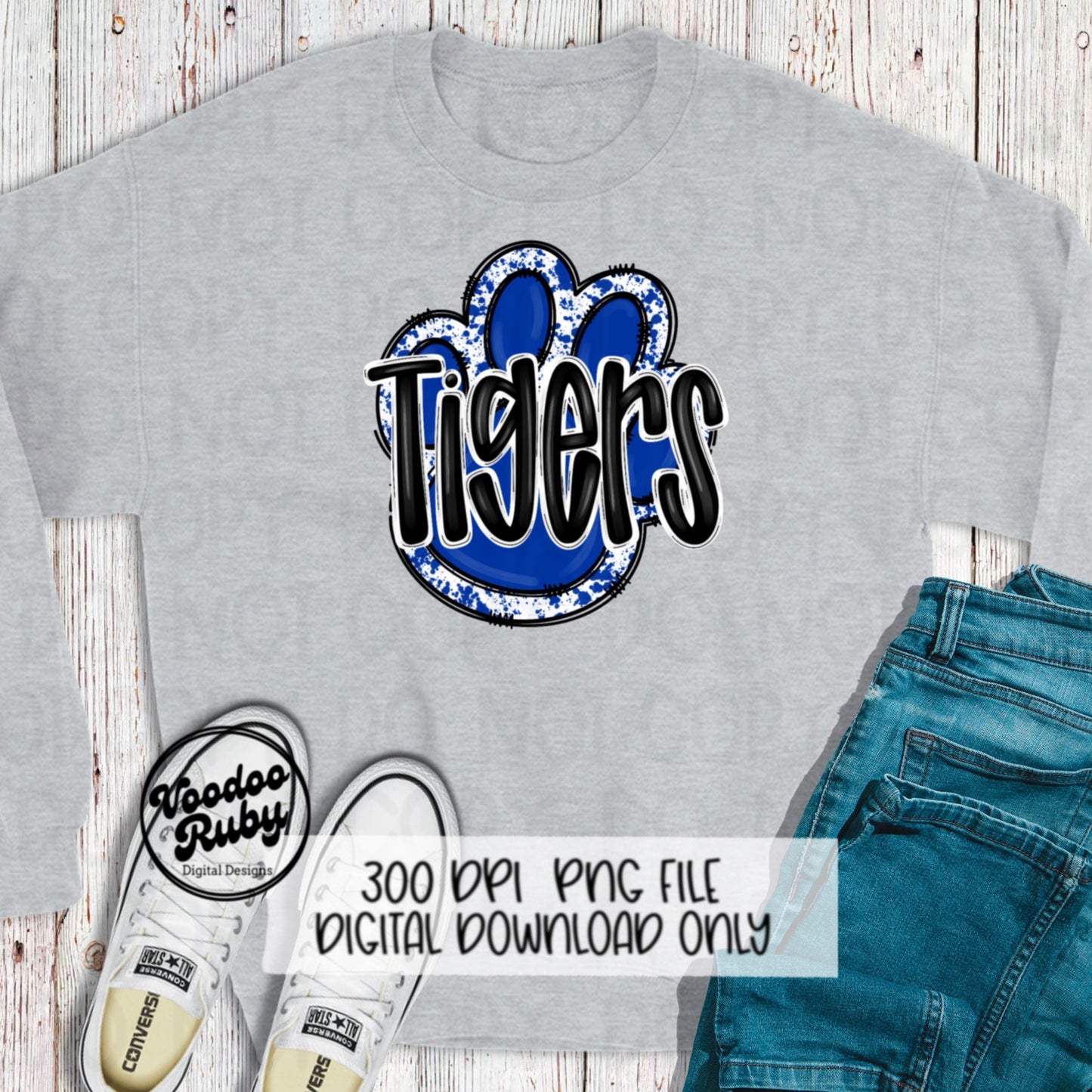 Tigers PNG Design Blue White Hand Drawn Digital Download Football PNG Paw Print Sublimation Design Tigers Football DTF Printable