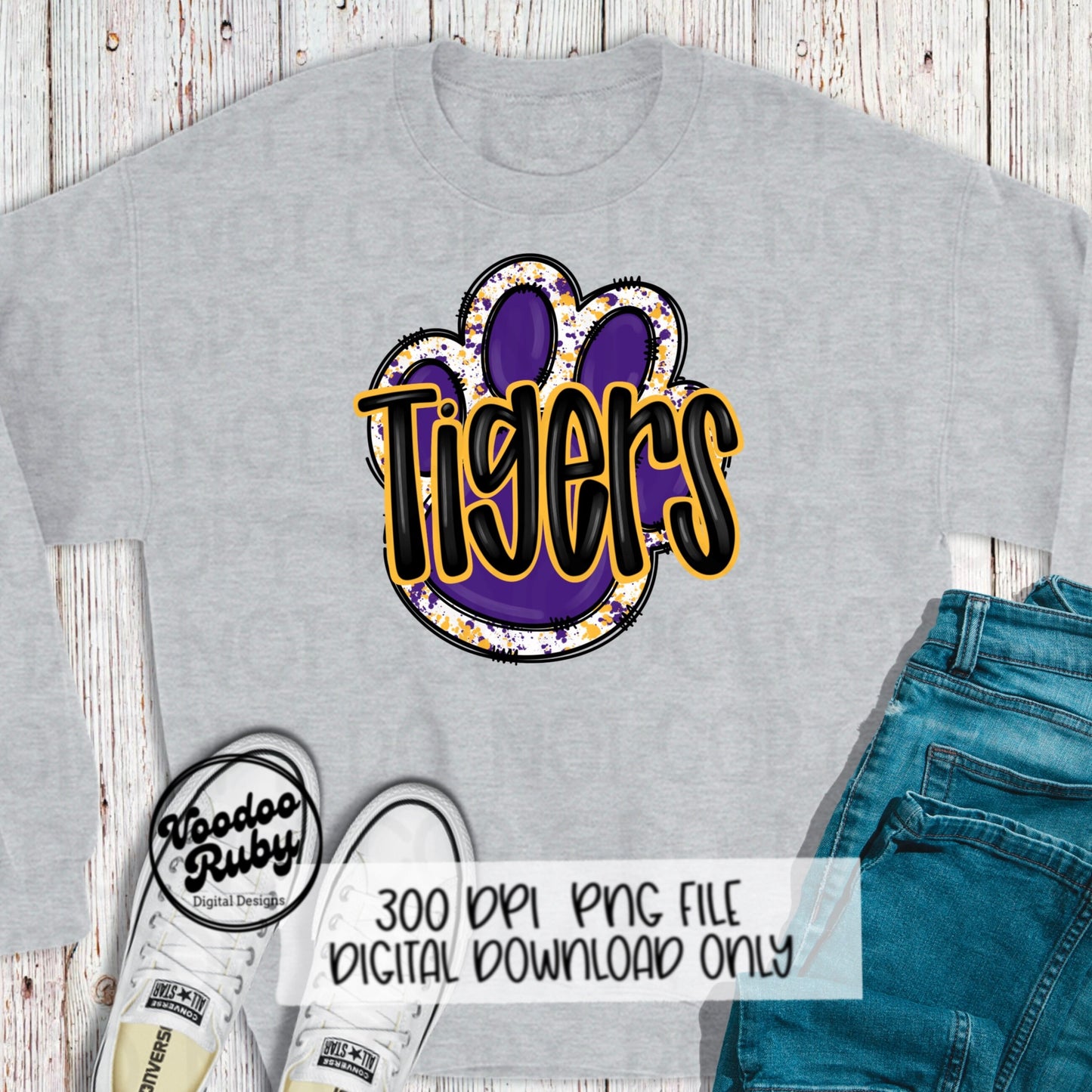 Tigers PNG Design Purple Gold Yellow Hand Drawn Digital Download Football PNG Paw Print Sublimation Design Tigers Football DTF Printable