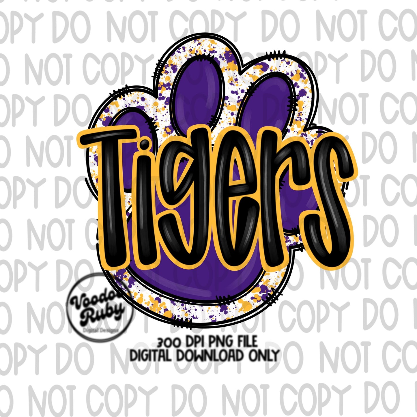 Tigers PNG Design Purple Gold Yellow Hand Drawn Digital Download Football PNG Paw Print Sublimation Design Tigers Football DTF Printable