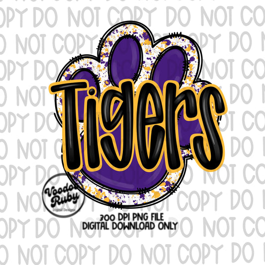 Tigers PNG Design Purple Gold Yellow Hand Drawn Digital Download Football PNG Paw Print Sublimation Design Tigers Football DTF Printable