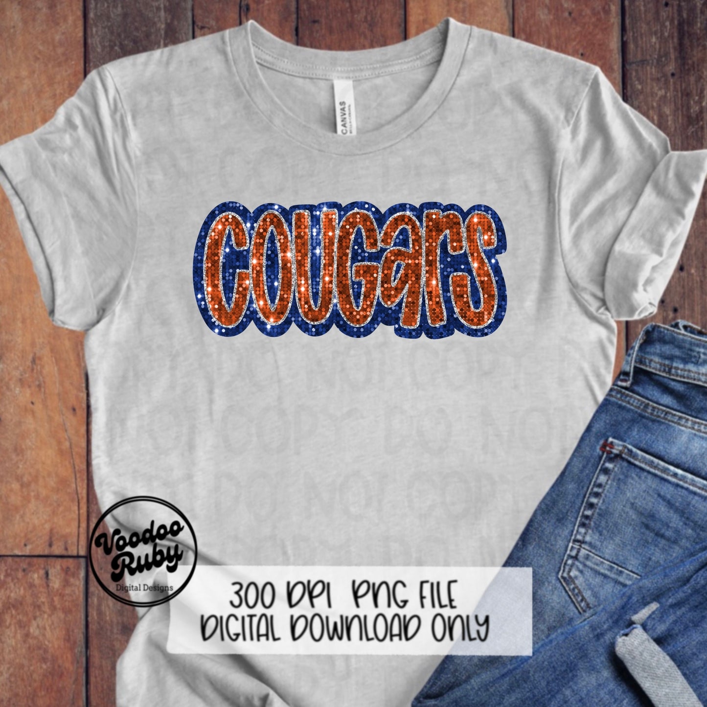 Cougars PNG Design Sequins Glitter Hand Drawn Digital Download Faux Sequins Patch PNG Printable Faux Appliqué Cougars Football DTF