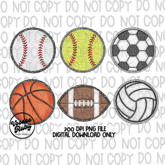 Faux Chenille Sports Balls Bundle PNG Design Hand Drawn Digital Download Baseball Basketball Soccer Volleyball Football Softball DTF PNG