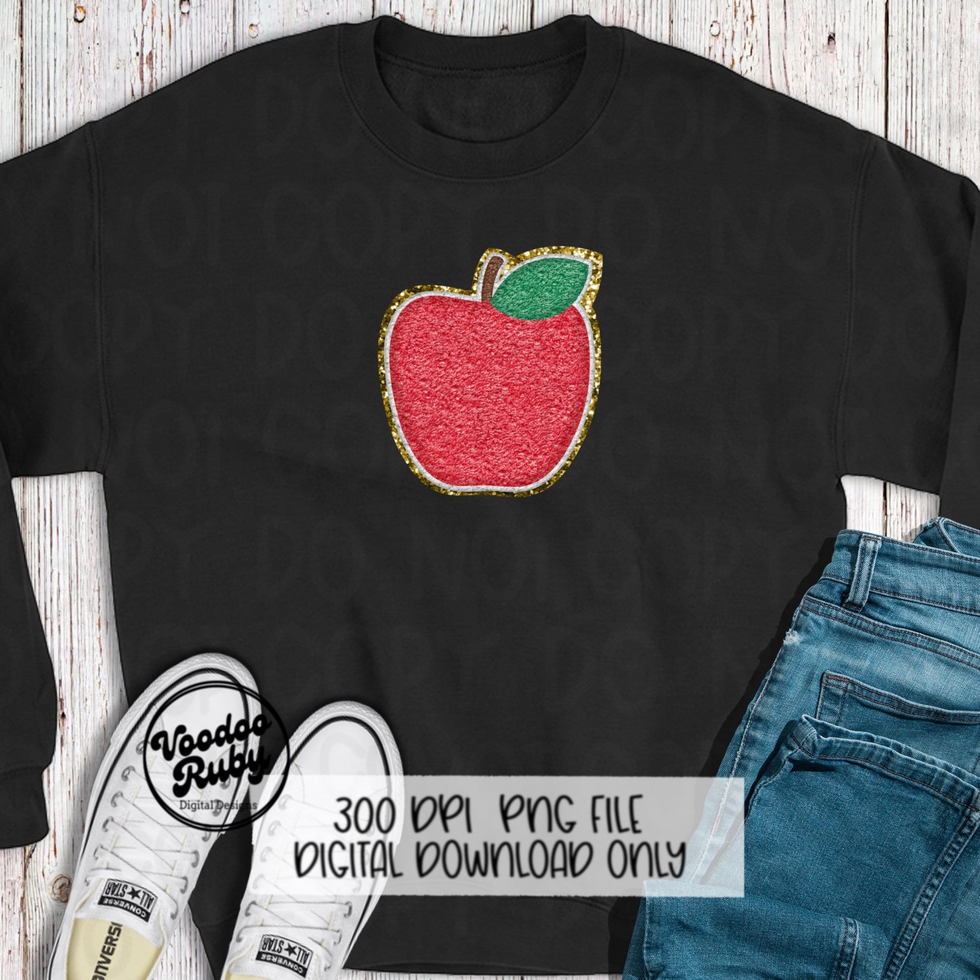 Apple PNG Faux Chenille Patch Design Hand Drawn Digital Download Sublimation Teacher png Back to School DTF Printable