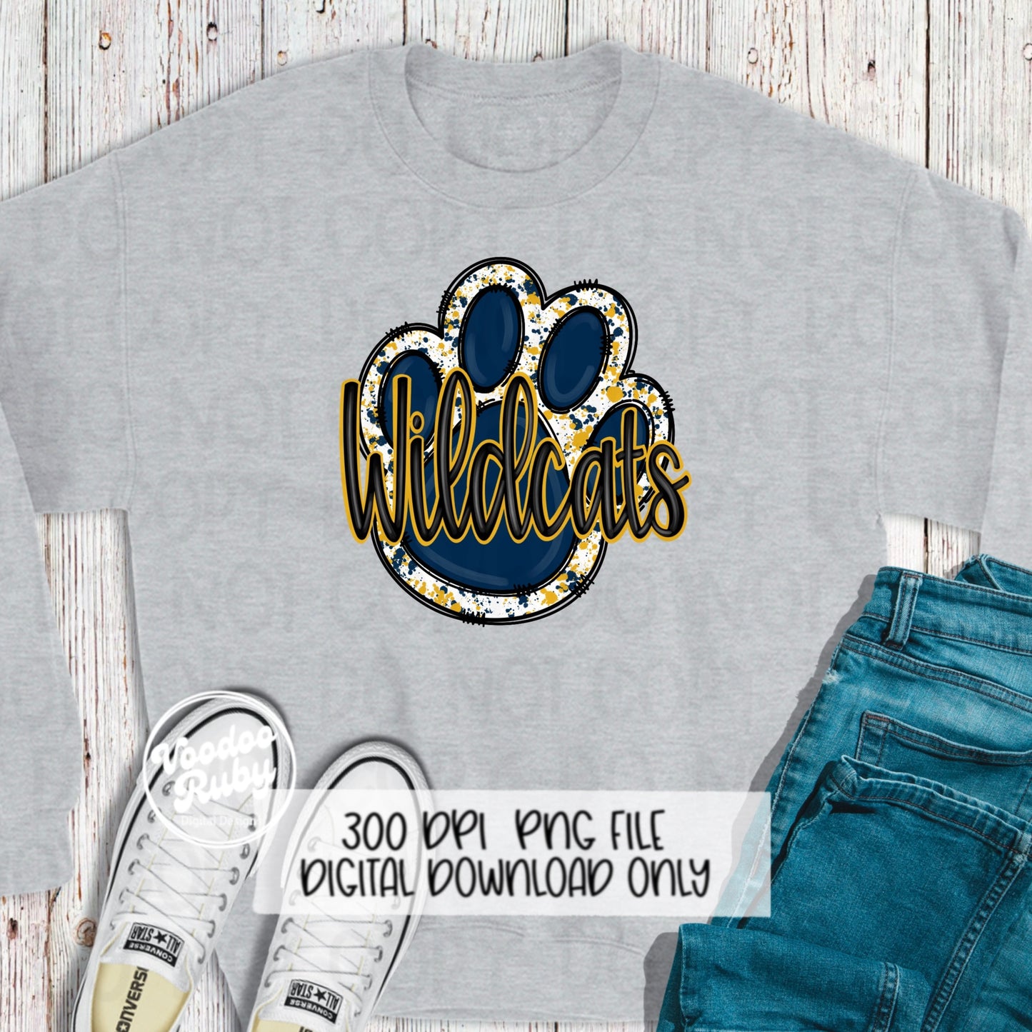 Wildcats PNG Design Hand Drawn Digital Download Sublimation Football PNG Blue Gold Wildcats Paw Print DTF Printable Clip Art