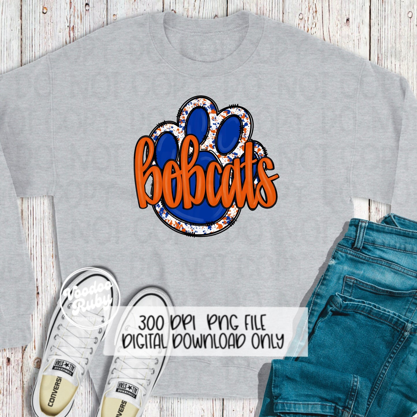 Bobcats PNG Design Blue Orange Hand Drawn Digital Download Football PNG Paw Print Sublimation Design Bobcats Football DTF Printable