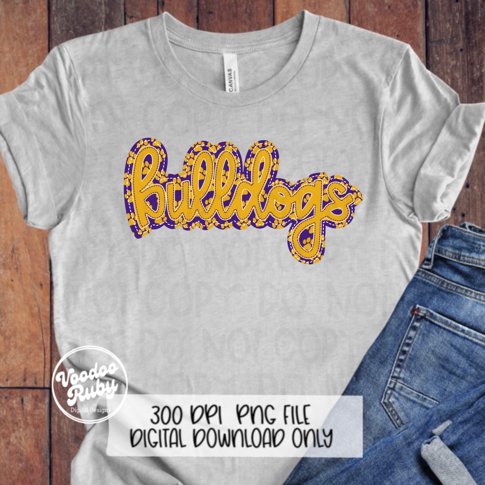 Bulldogs PNG Design Embroidery Faux Applique Hand Drawn Digital Download Sublimation Bulldogs DTF Printable Purple Gold Bulldogs Football