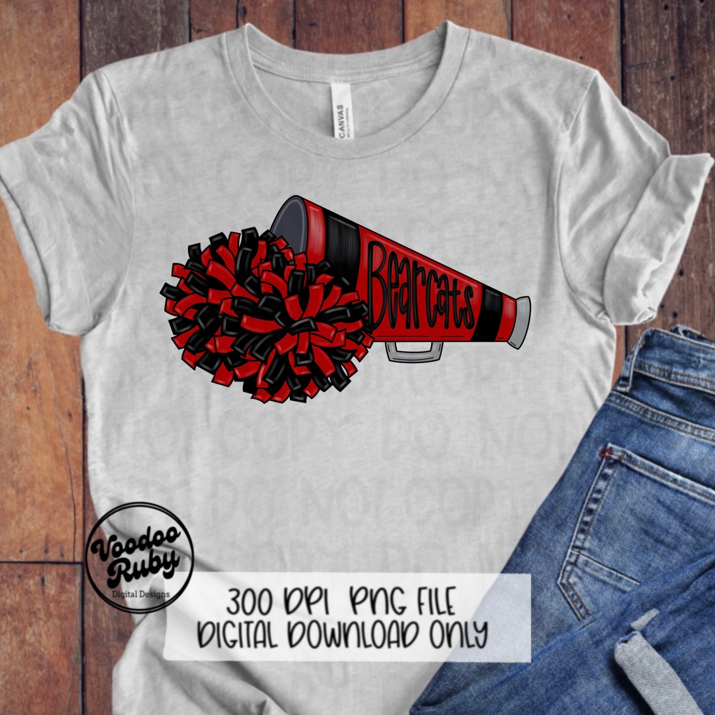 Bearcats Cheer PNG: Red & Black Megaphone, Pom-poms (Digital Download)