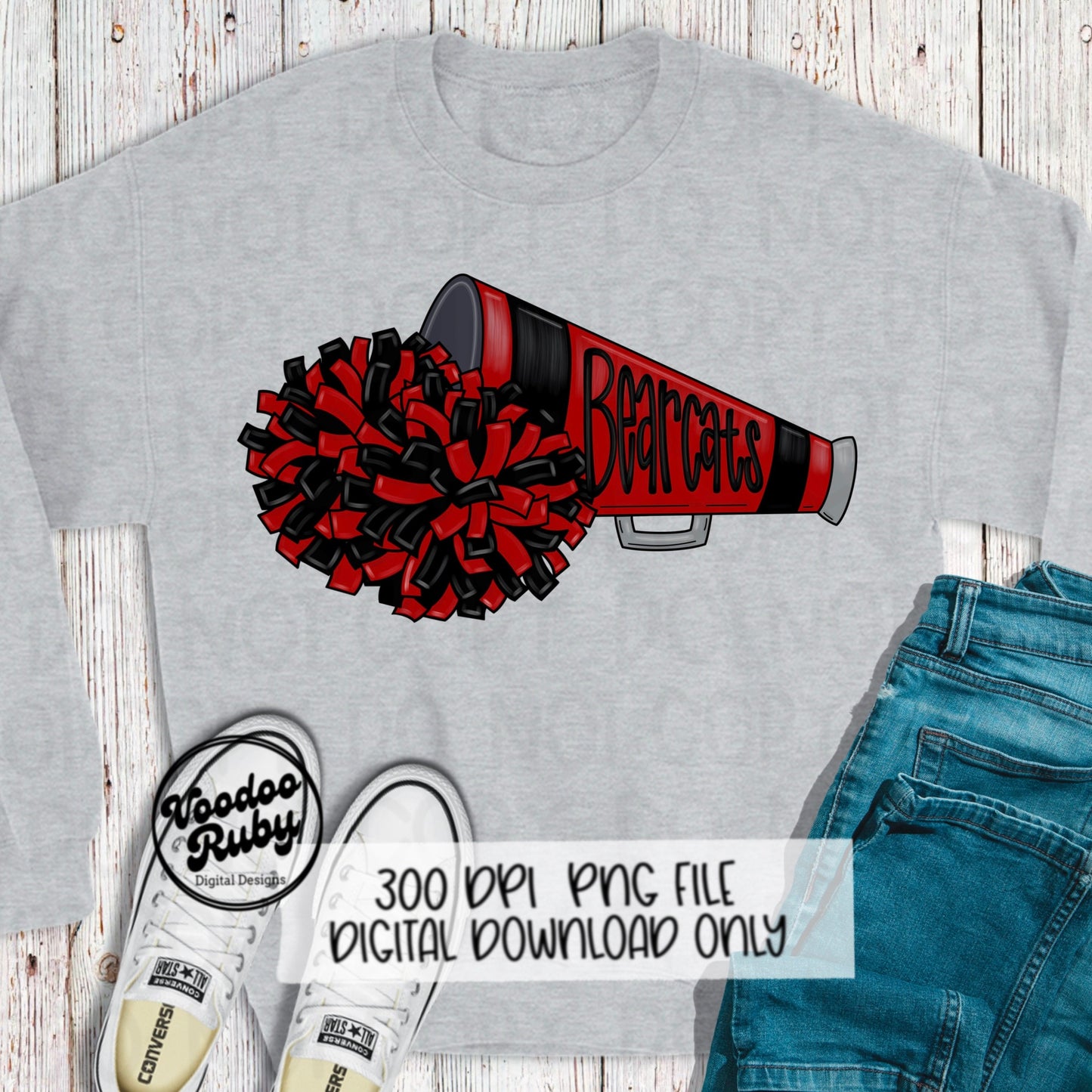 Bearcats Cheer PNG: Red & Black Megaphone, Pom-poms (Digital Download)