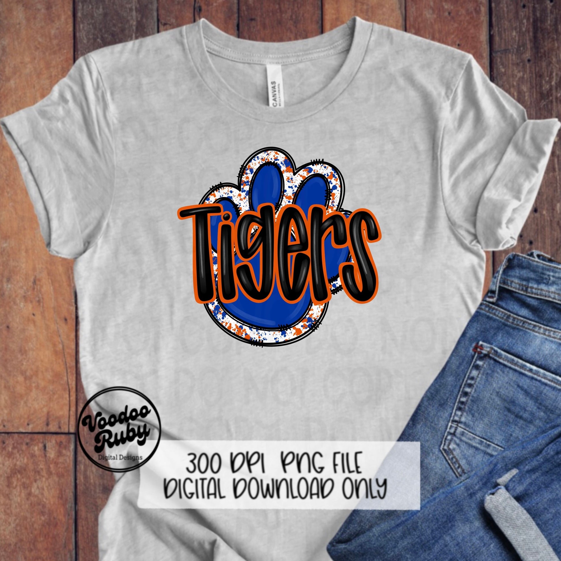 Tigers PNG Design Blue Orange Hand Drawn Digital Download Football PNG Paw Print Sublimation Design Tigers Football DTF Printable