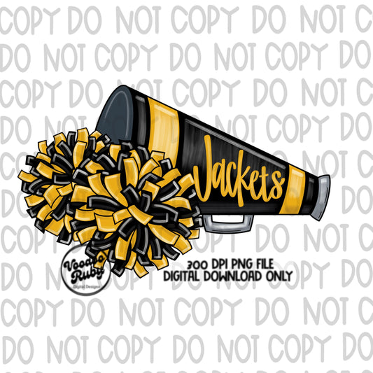 Jackets Cheer PNG Design Hand Drawn Digital Download Football PNG Black Gold Jackets png Cheerleader Clip Art Megaphone Sublimation DTF