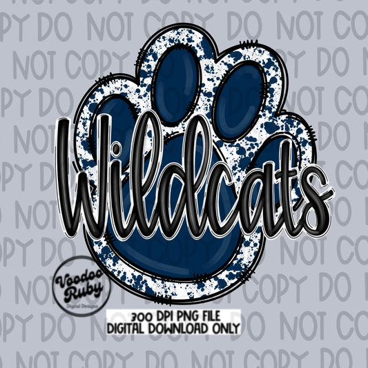 Wildcats PNG Design Hand Drawn Digital Download Sublimation Football Navy Blue Wildcats Paw Print DTF Printable Clip Art