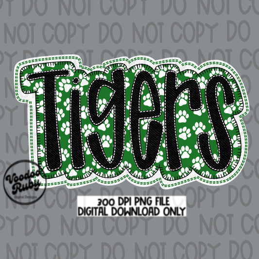 Tigers PNG Design Embroidery Faux Applique Hand Drawn Digital Download Sublimation Green Tigers PNG Football png Tigers DTF Printable