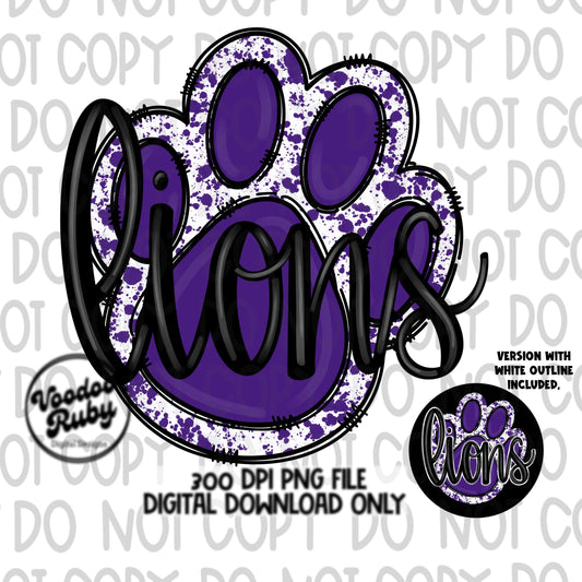 Lions PNG Design Sublimation Hand Drawn Digital Download Lions Football PNG Purple Paw Lions Mascot DTF Printable