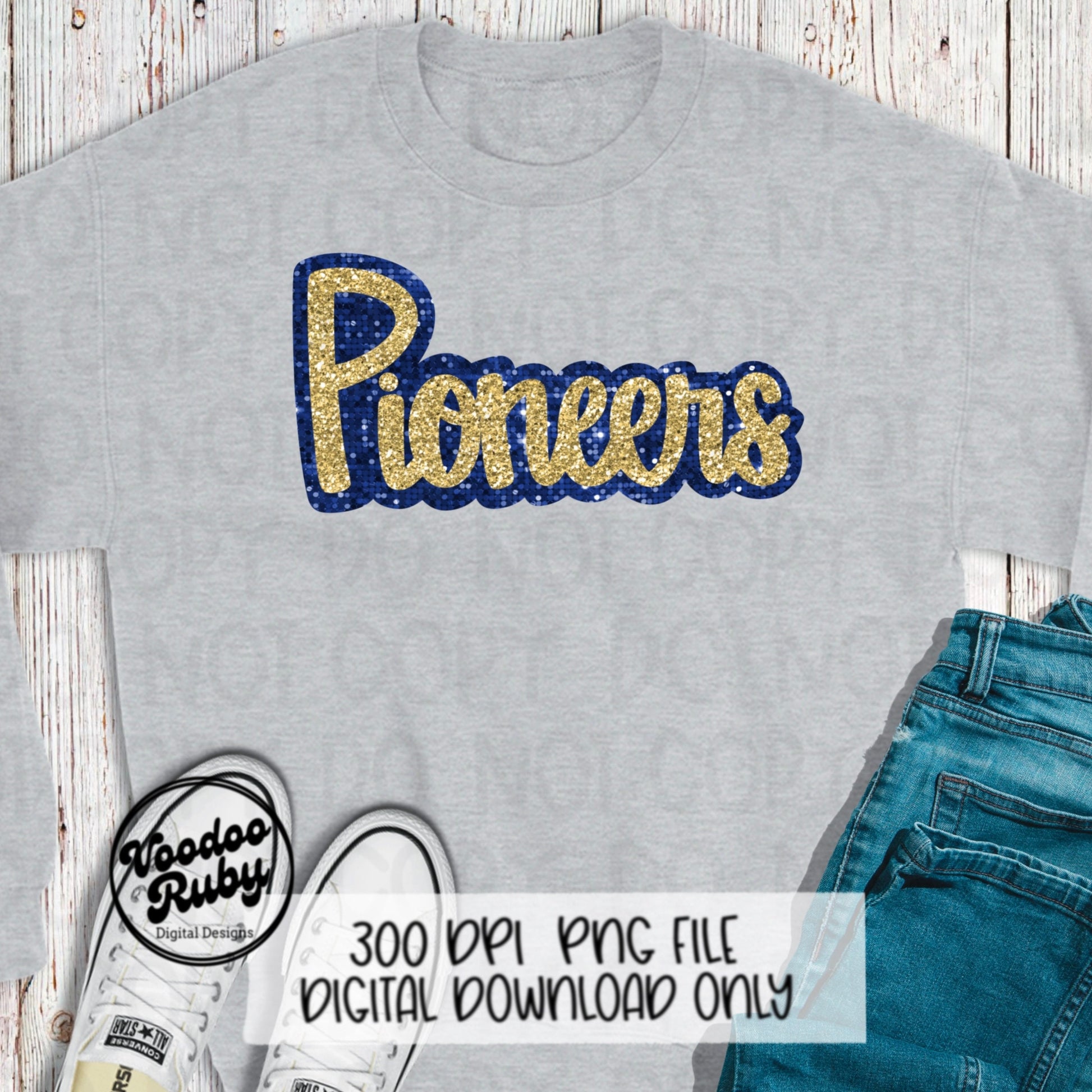 Glitter Pioneers PNG Design Sublimation Sequin Hand Drawn Digital Download Faux Sequins PNG Blue Gold Pioneers Football DTF Printable
