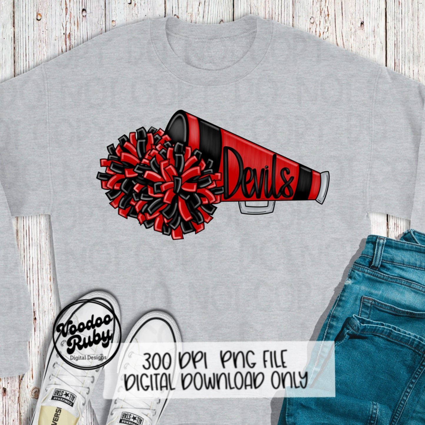 Devils Cheer PNG Design Hand Drawn Digital Download Football PNG Sublimation Devils Cheerleader png Clip Art Megaphone DTF Printable