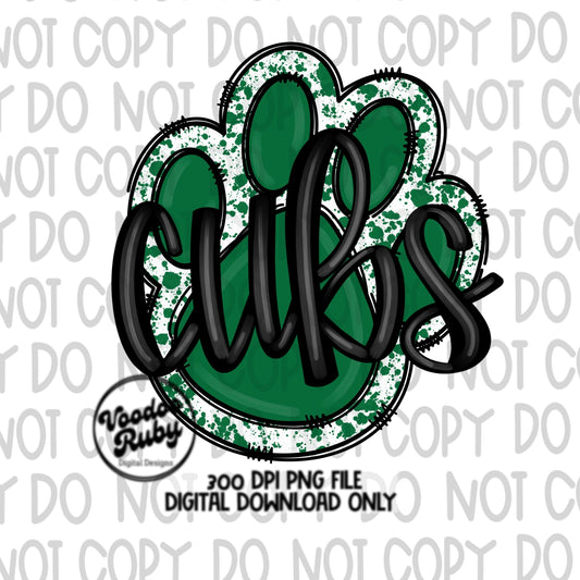 Cubs PNG Design Hand Drawn Digital Download Football PNG Green Cubs Paw Print Sublimation DTF Printable Cubs Mascot png Clip Art